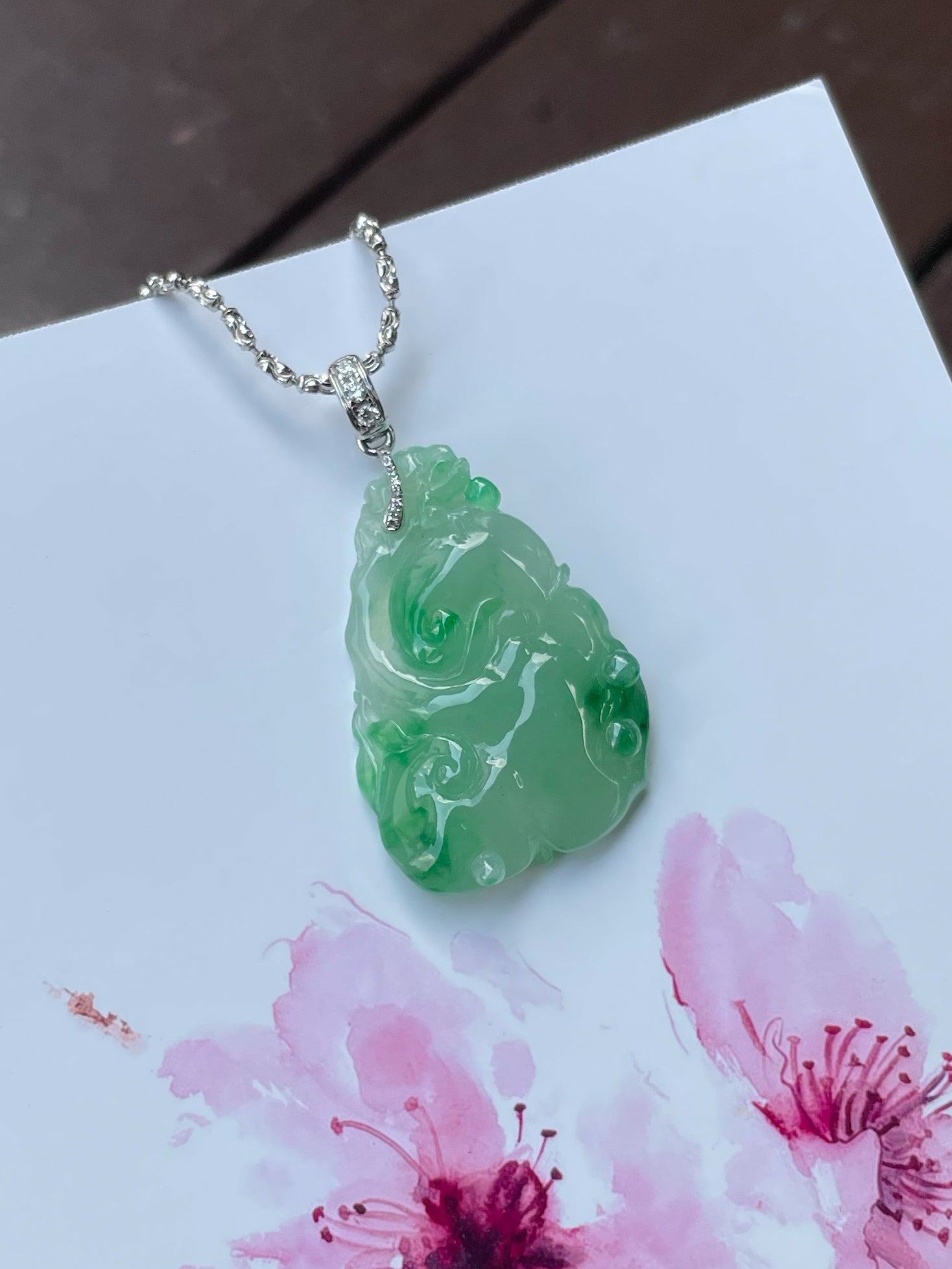 Certified Hand Carved Green Natural Myanmar Burma A Jade jadeite Owl Lotus Flower hot Ruyi Pendant Necklace