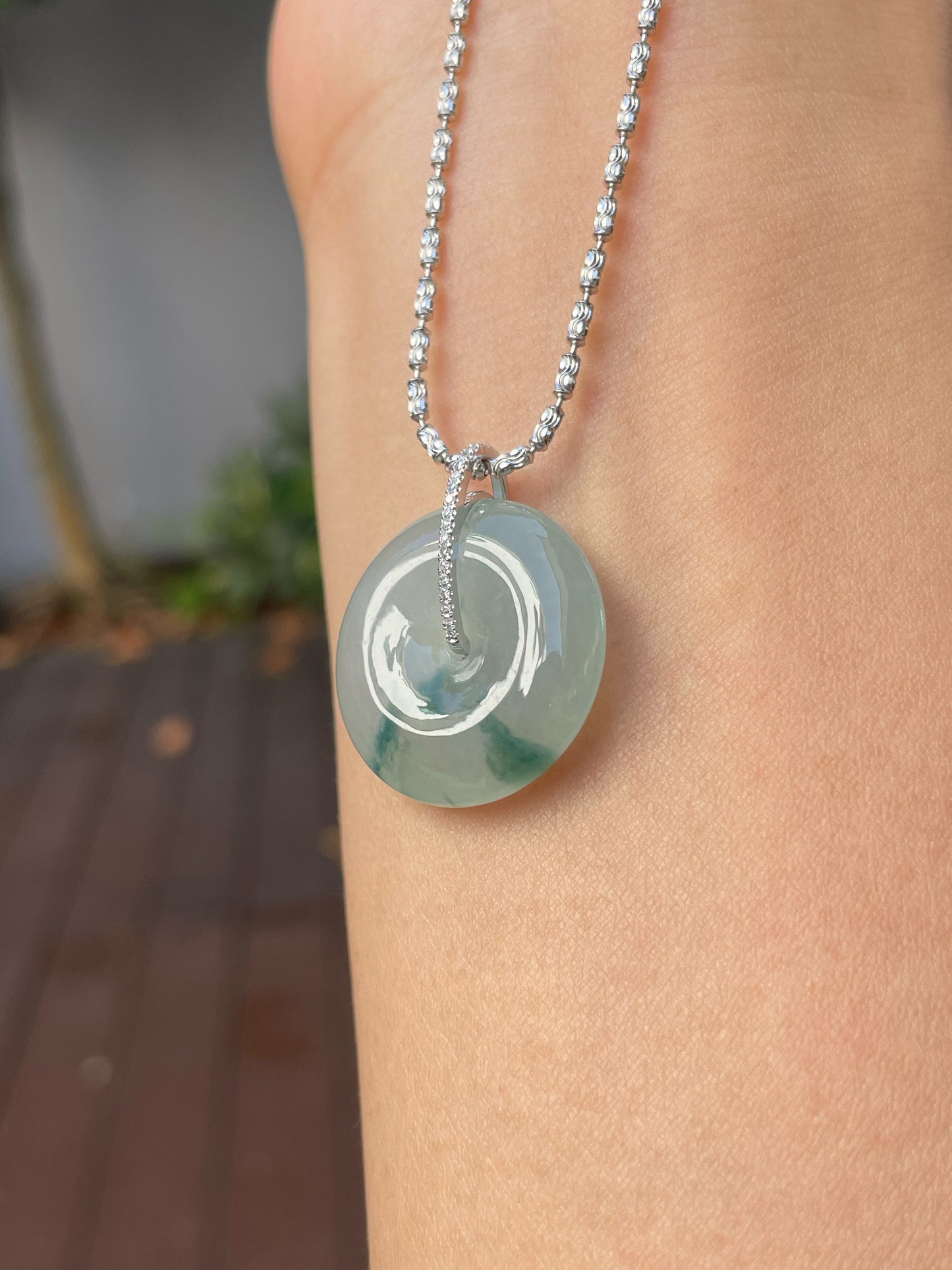 Icy Bluish Green Jadeite Safety Coin Pendant - 平安扣 (NJP059)