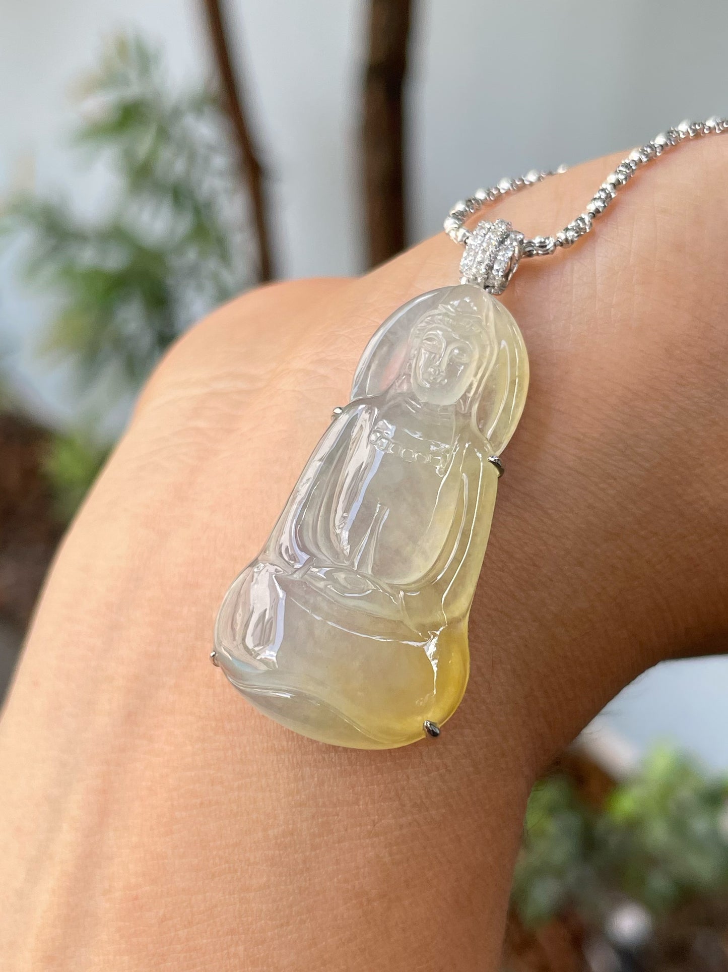 Icy Yellow Jadeite Pendant - Goddess Of Mercy (NJP085)
