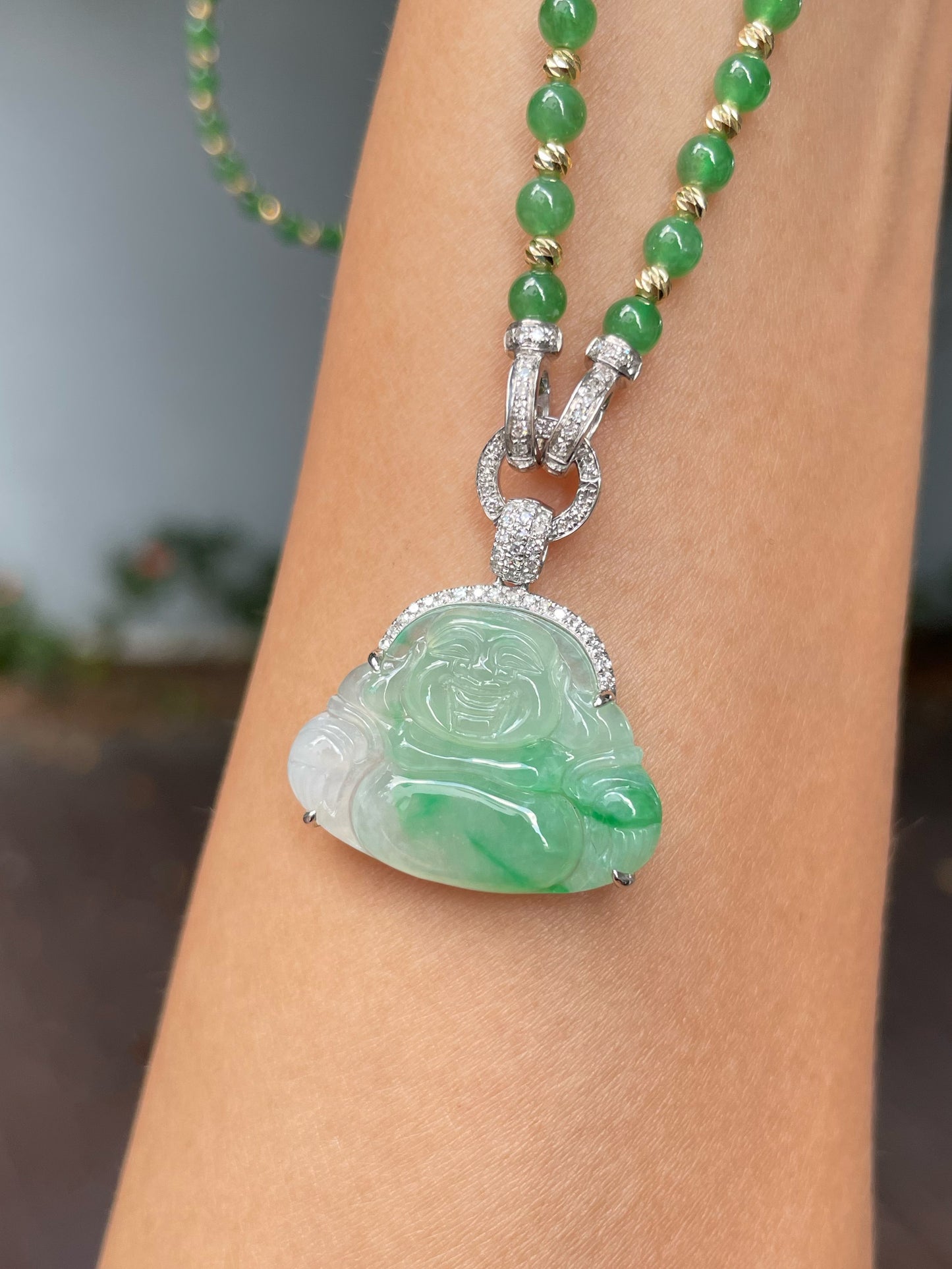 Green Jade Pendant - Laughing Buddha 笑佛 (NJP090)