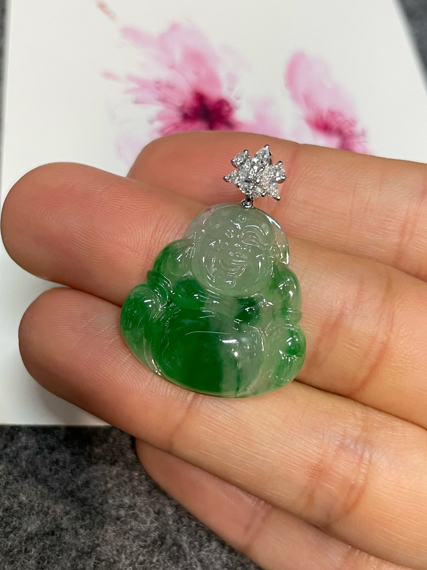 Green Jadeite Pendant - Laughing Buddha 笑佛 (NJP100)