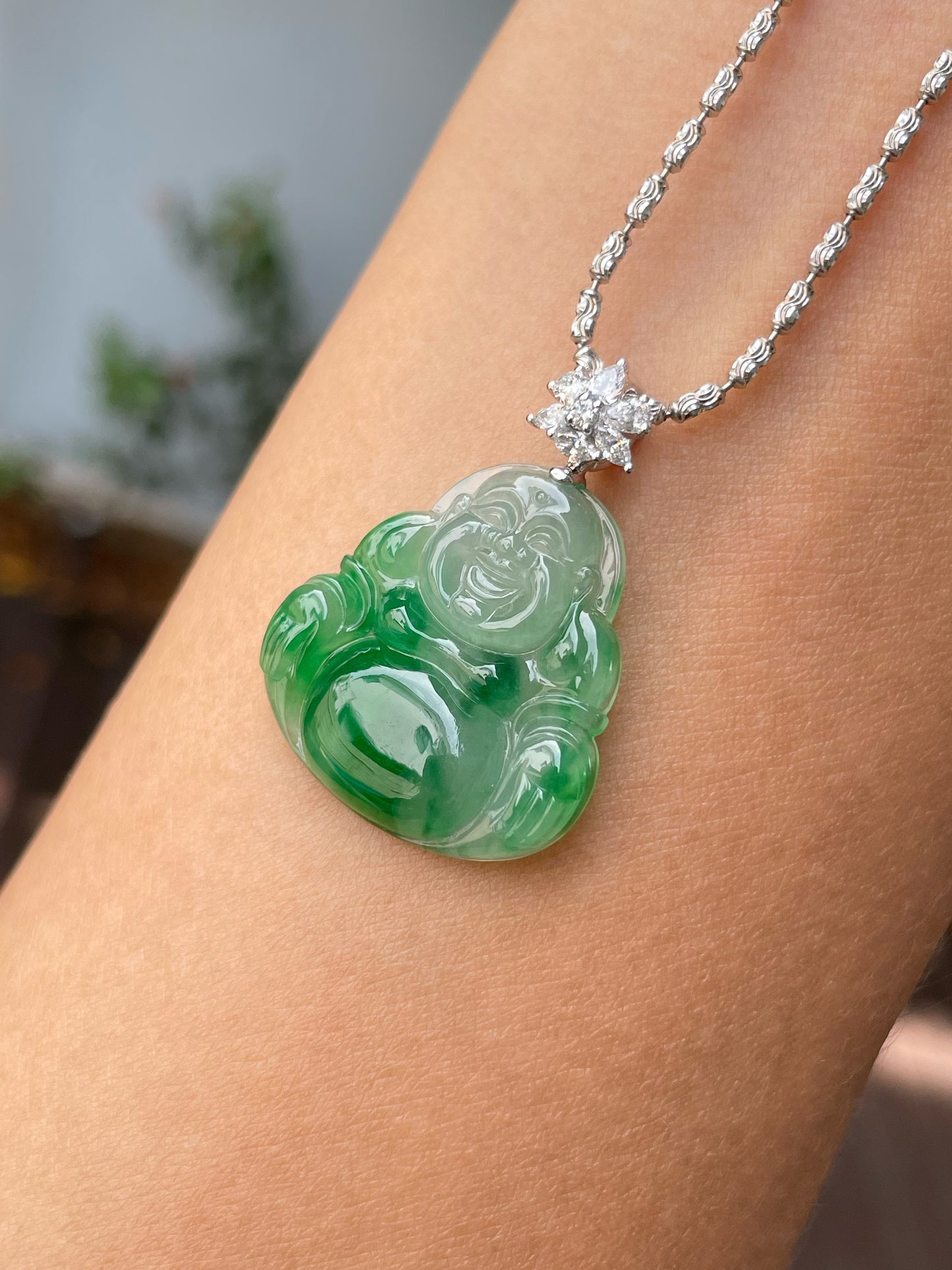 Green Jadeite Pendant - Laughing Buddha 笑佛 (NJP100)