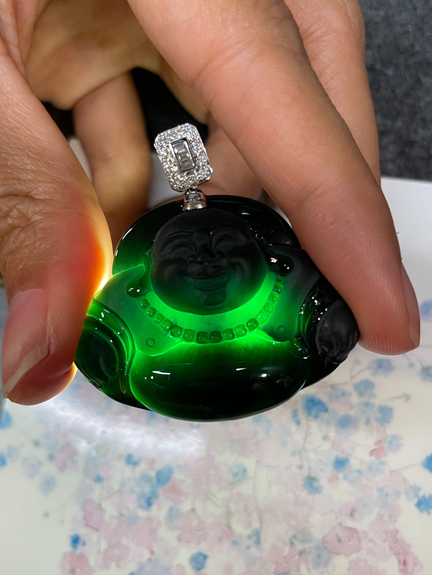 Omphacite Jadeite Pendant - Laughing Buddha (NJP116)