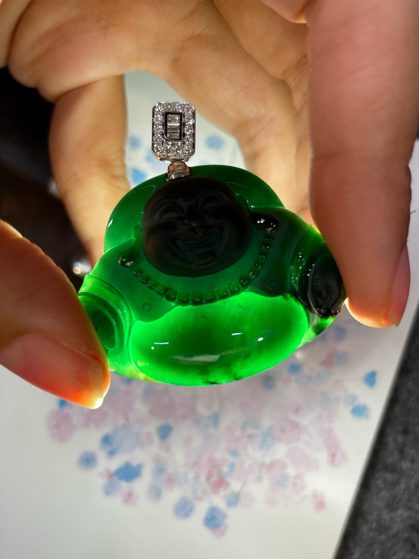 Omphacite Jadeite Pendant - Laughing Buddha (NJP116)