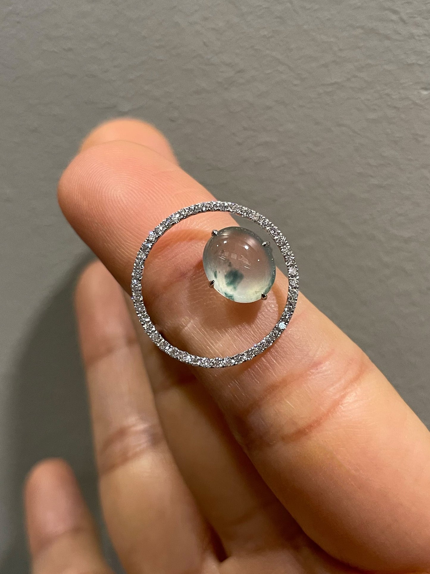 Icy Bluish Flower Jade Cabochon Ring (NJR202)