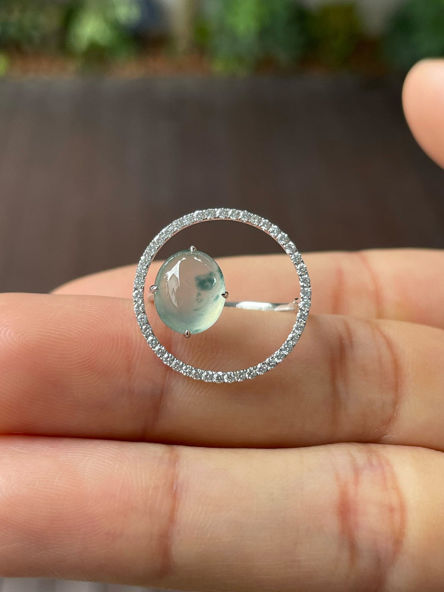 Icy Bluish Flower Jade Cabochon Ring (NJR202)