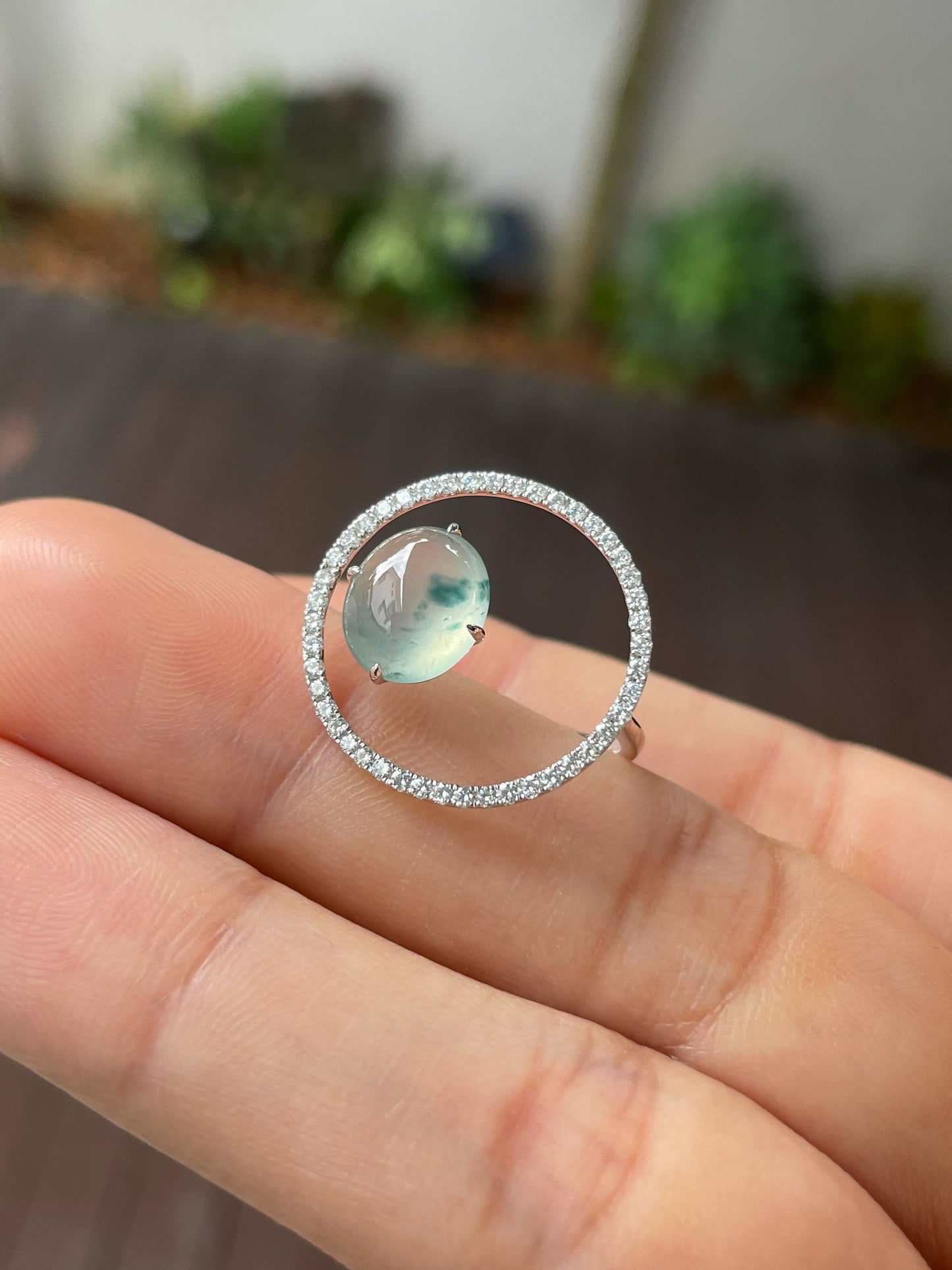 Icy Bluish Flower Jade Cabochon Ring (NJR202)
