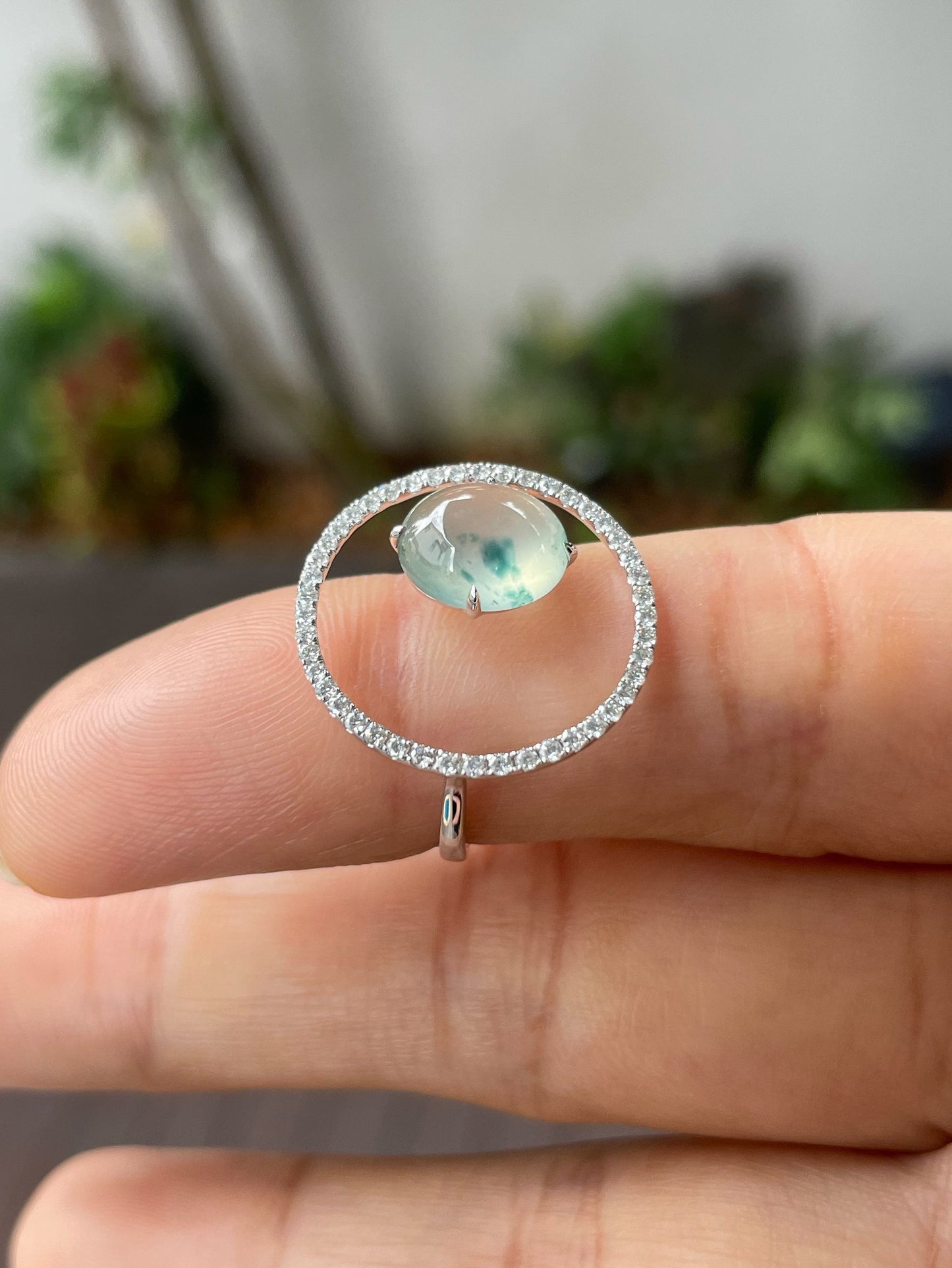 Icy Bluish Flower Jade Cabochon Ring (NJR202)