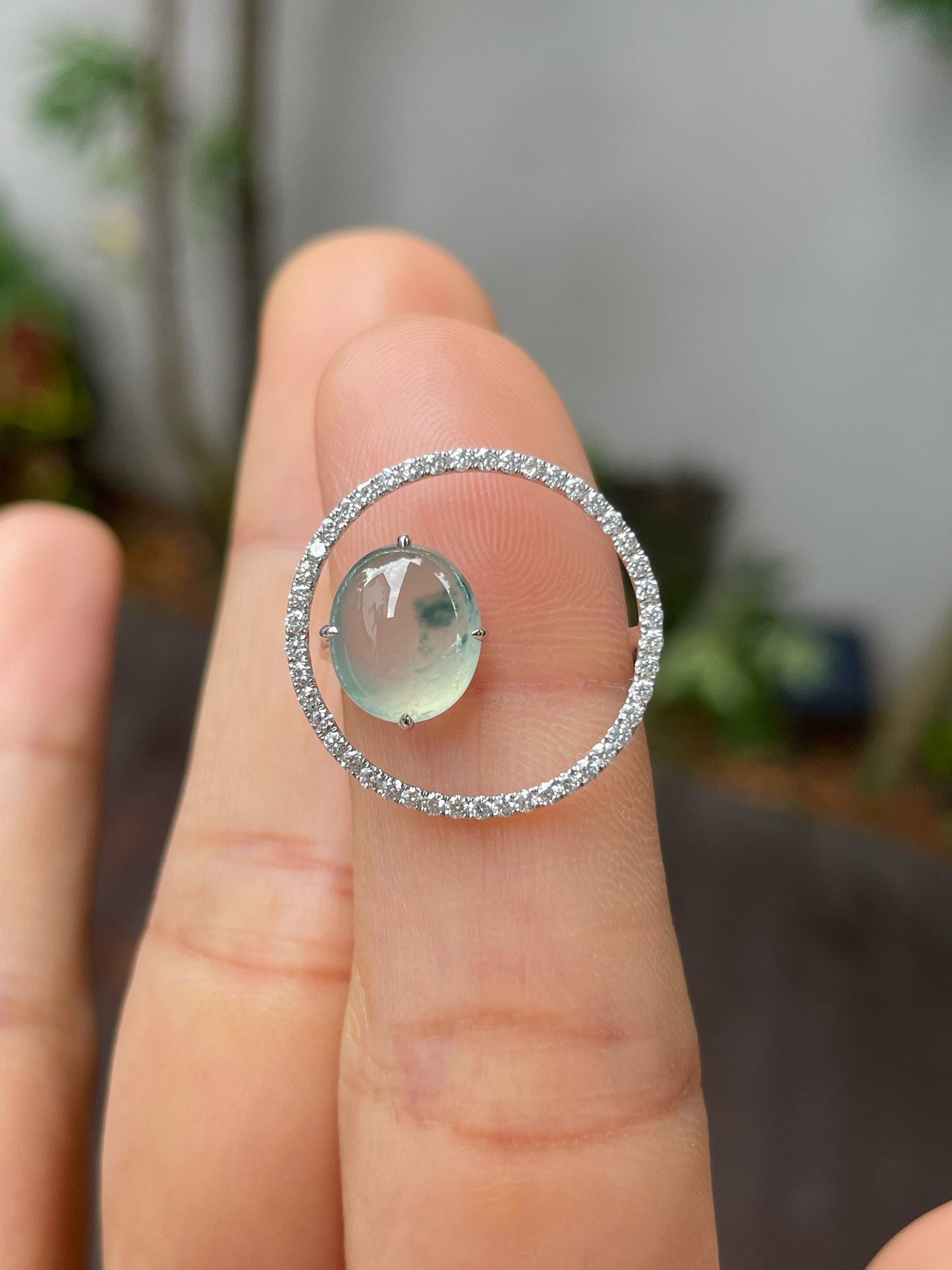 Icy Bluish Flower Jade Cabochon Ring (NJR202)