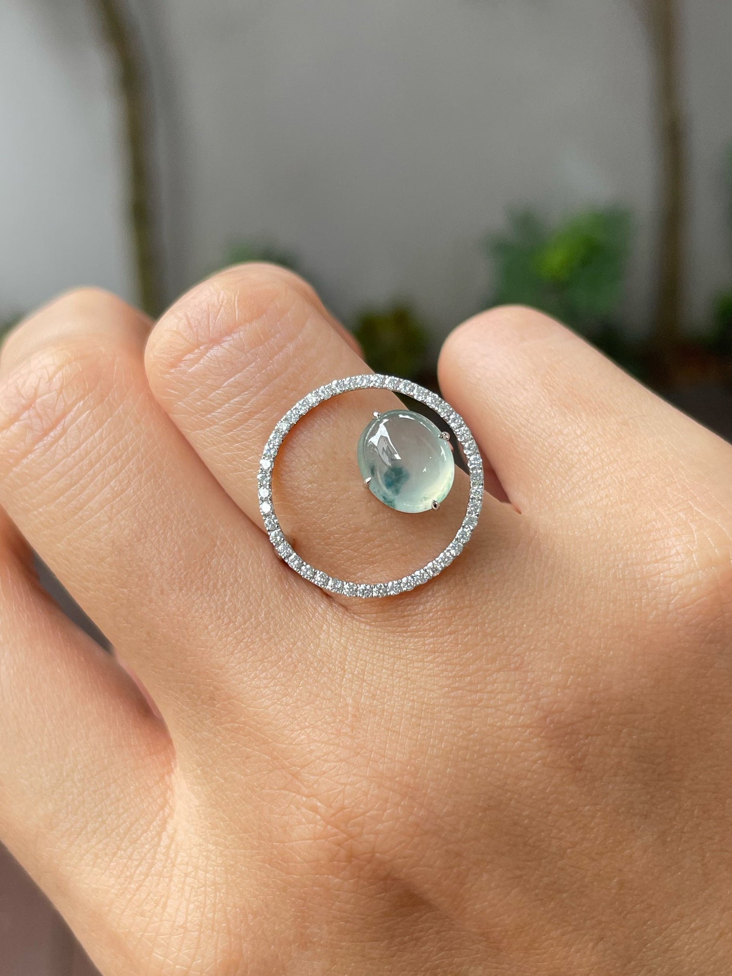 Icy Bluish Flower Jade Cabochon Ring (NJR202)