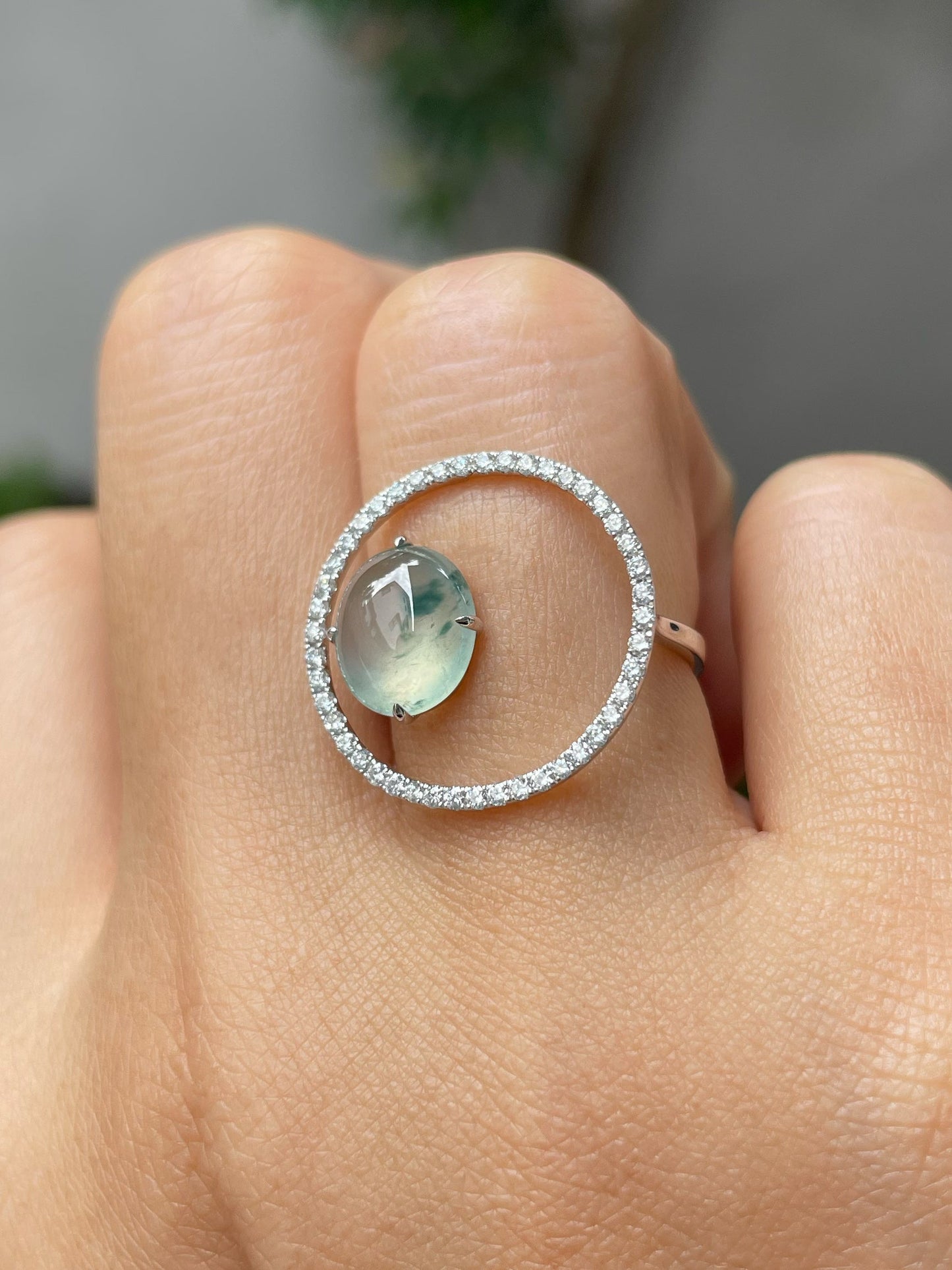 Icy Bluish Flower Jade Cabochon Ring (NJR202)