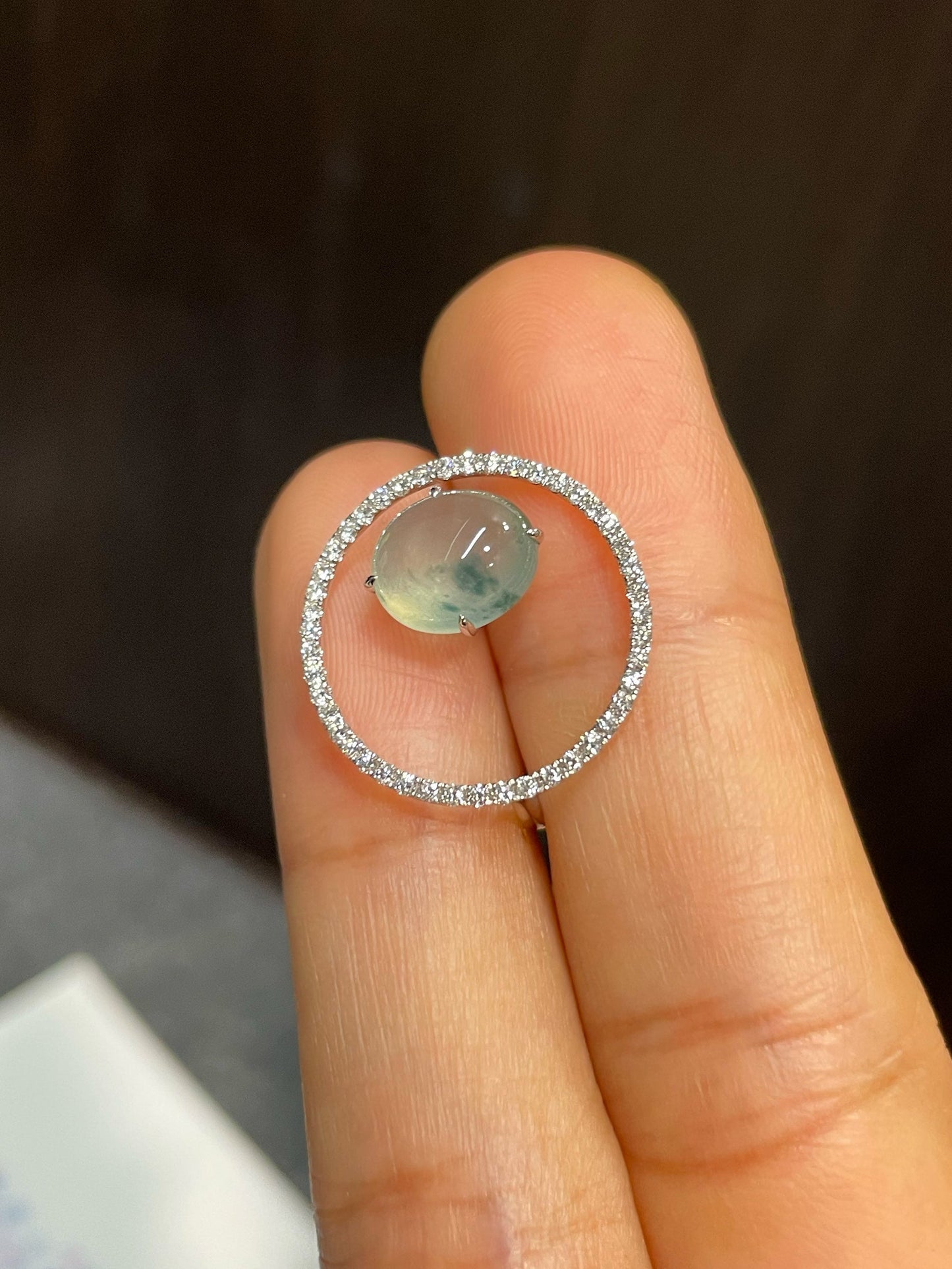 Icy Bluish Flower Jade Cabochon Ring (NJR202)