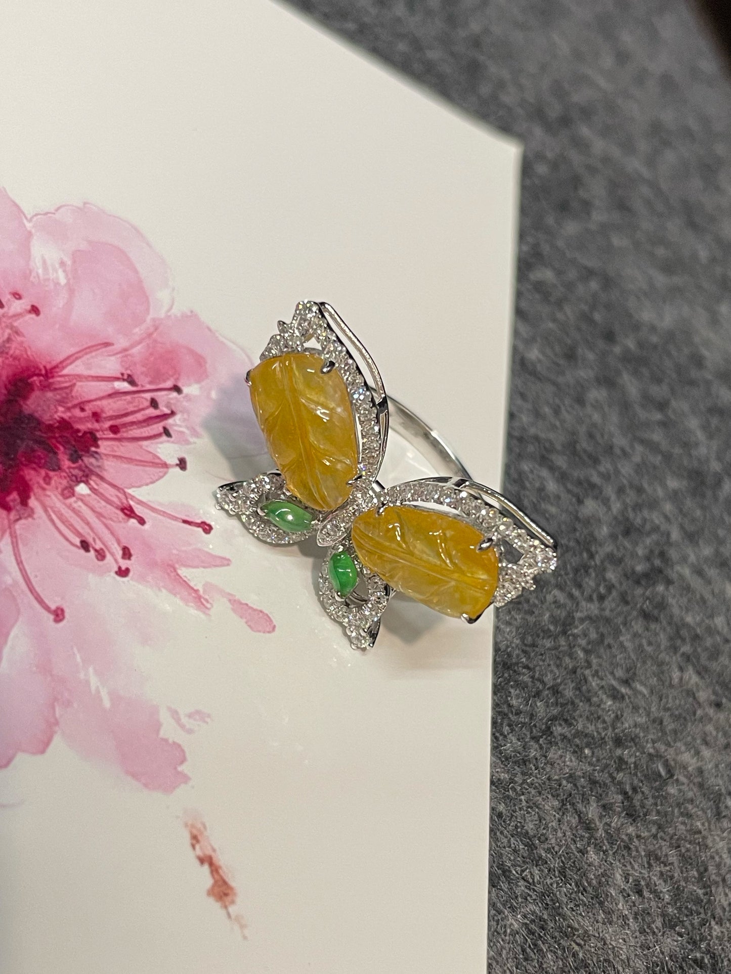 Icy Yellow Jade Leaf Ring / Pendant - Butterfly (NJR217)