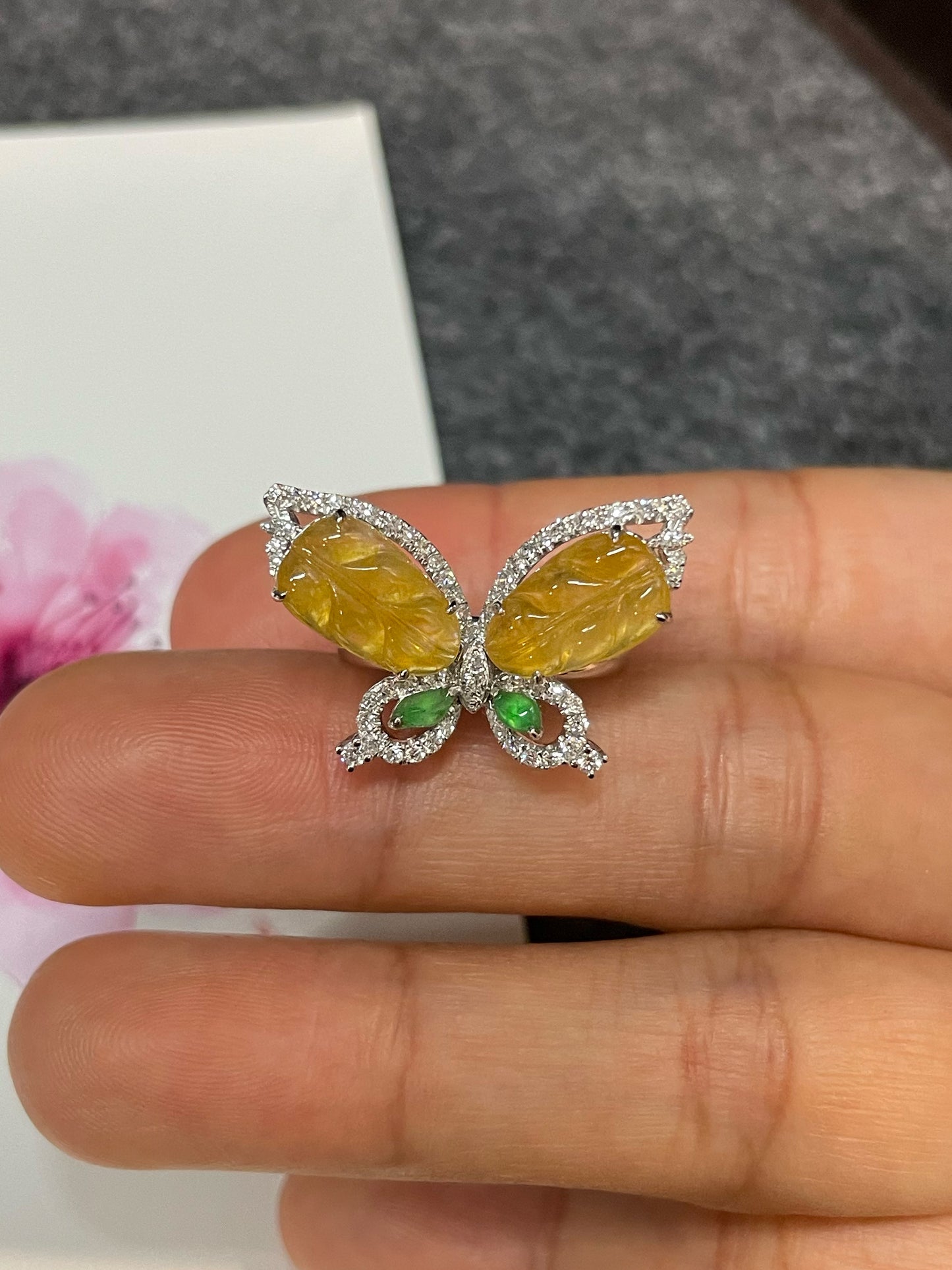 Icy Yellow Jade Leaf Ring / Pendant - Butterfly (NJR217)