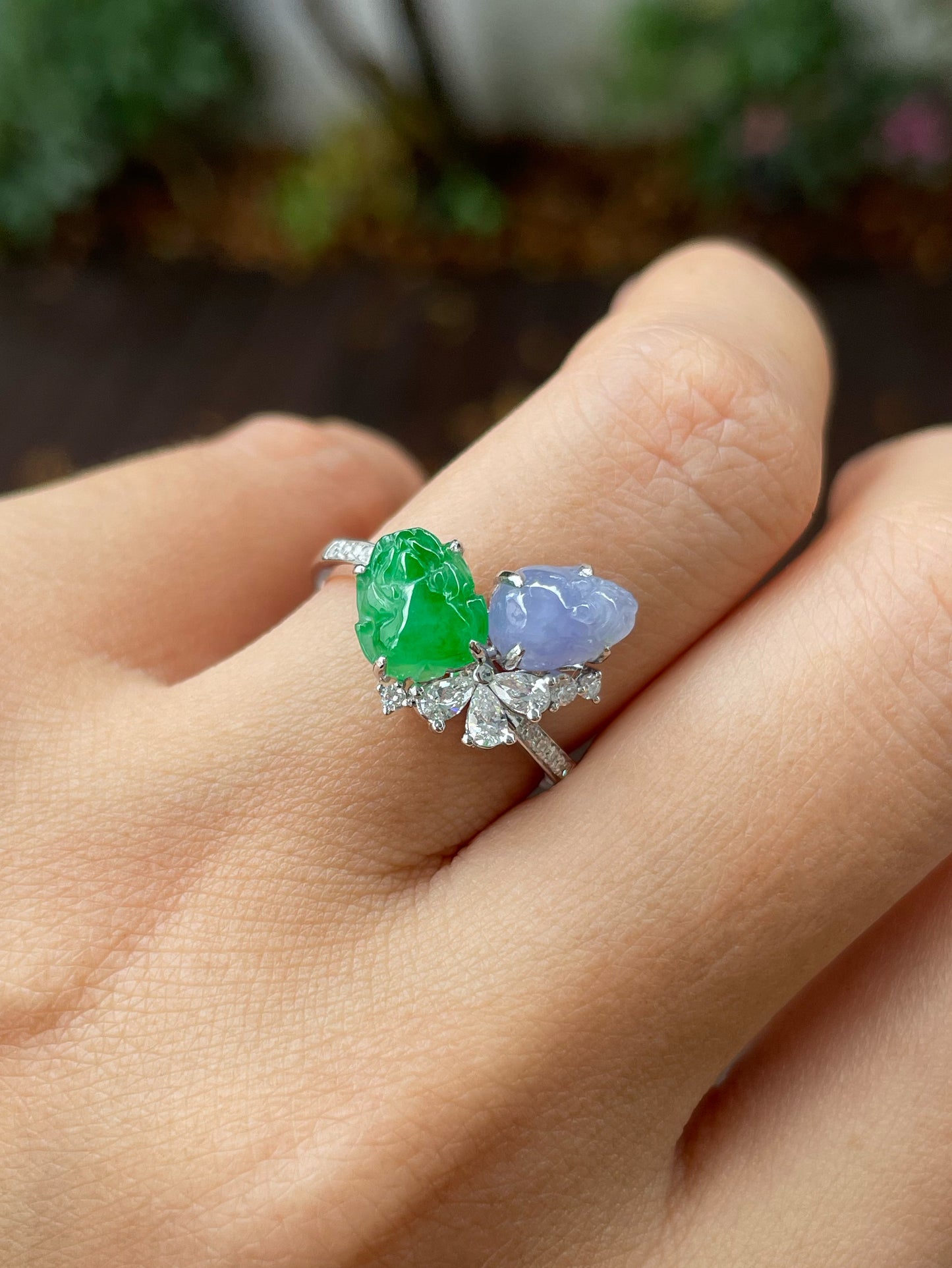 Green & Lavender Jade Ring - Pixiu & Golden Toad (NJR219)