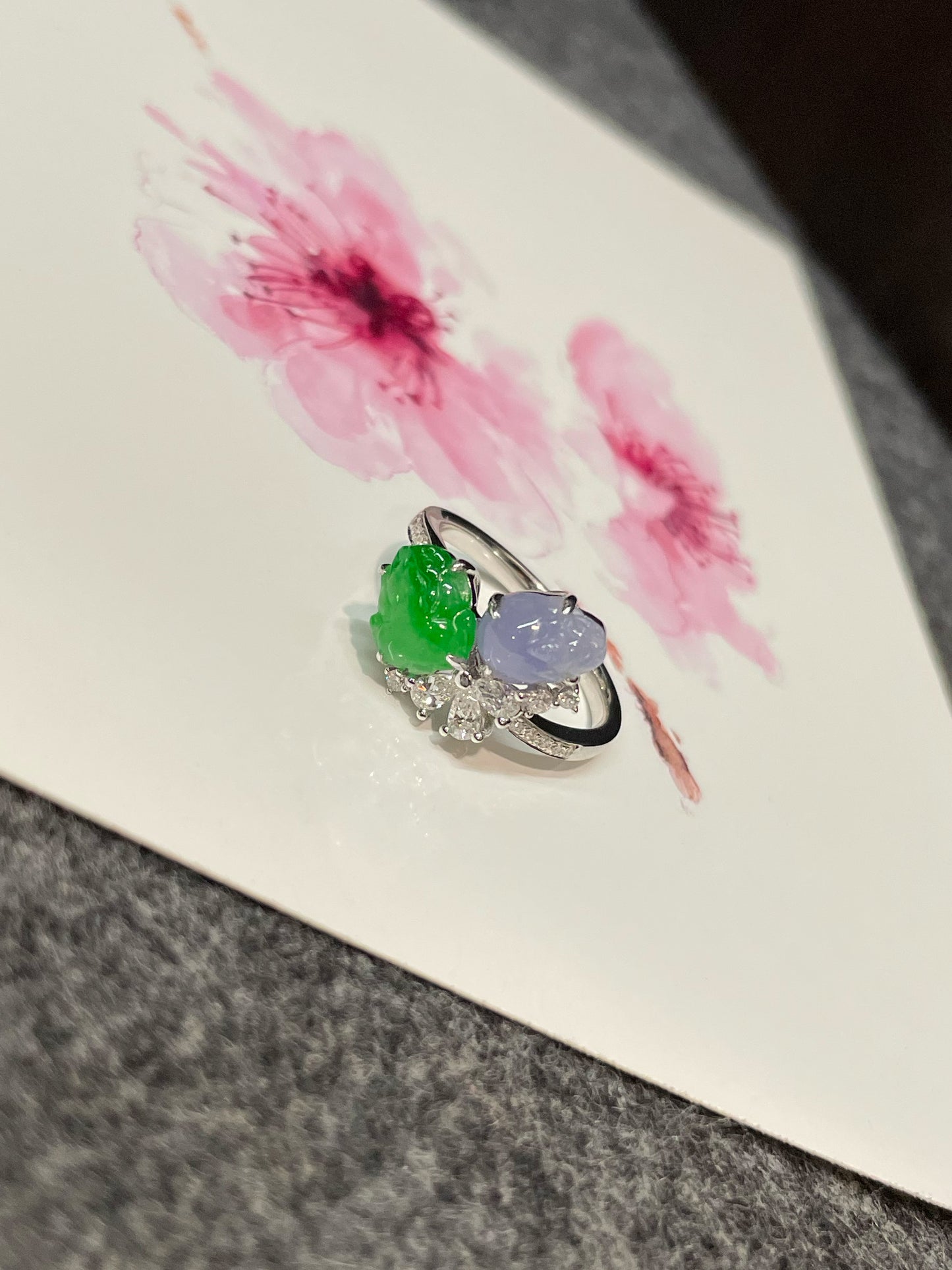 Green & Lavender Jade Ring - Pixiu & Golden Toad (NJR219)