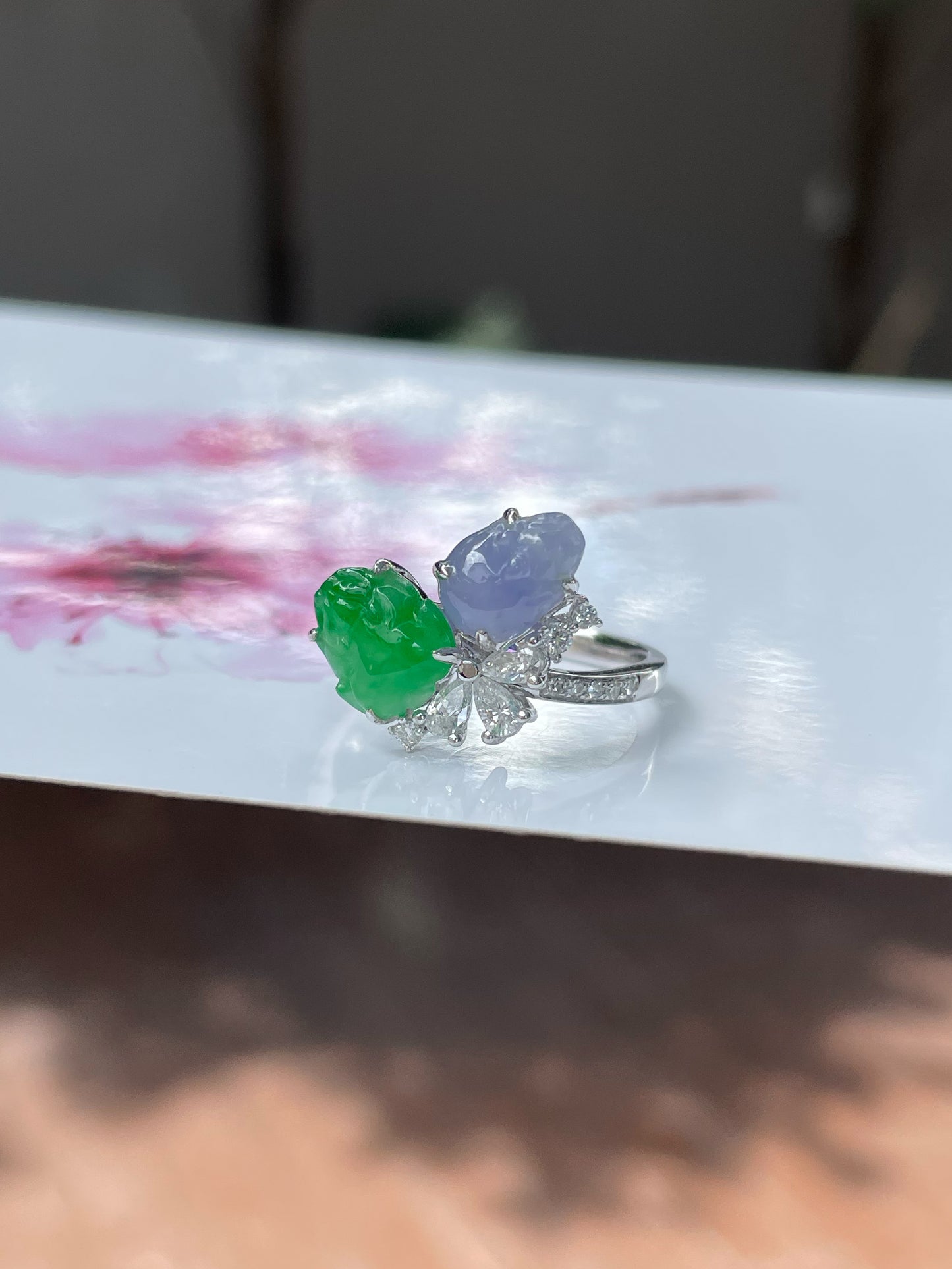 Green & Lavender Jade Ring - Pixiu & Golden Toad (NJR219)