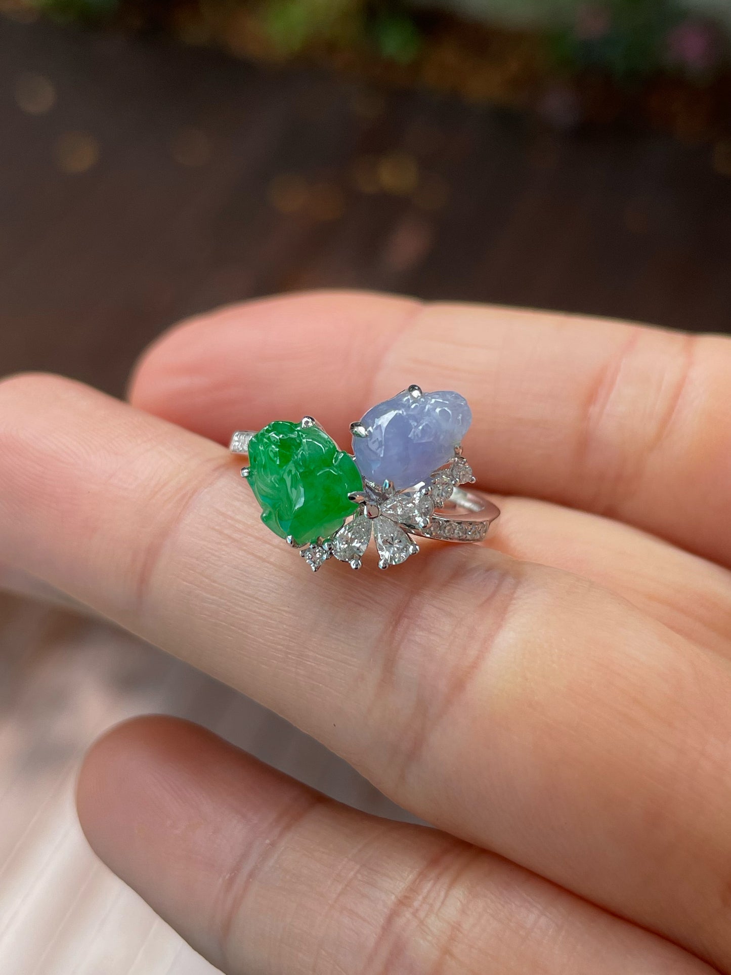 Green & Lavender Jade Ring - Pixiu & Golden Toad (NJR219)