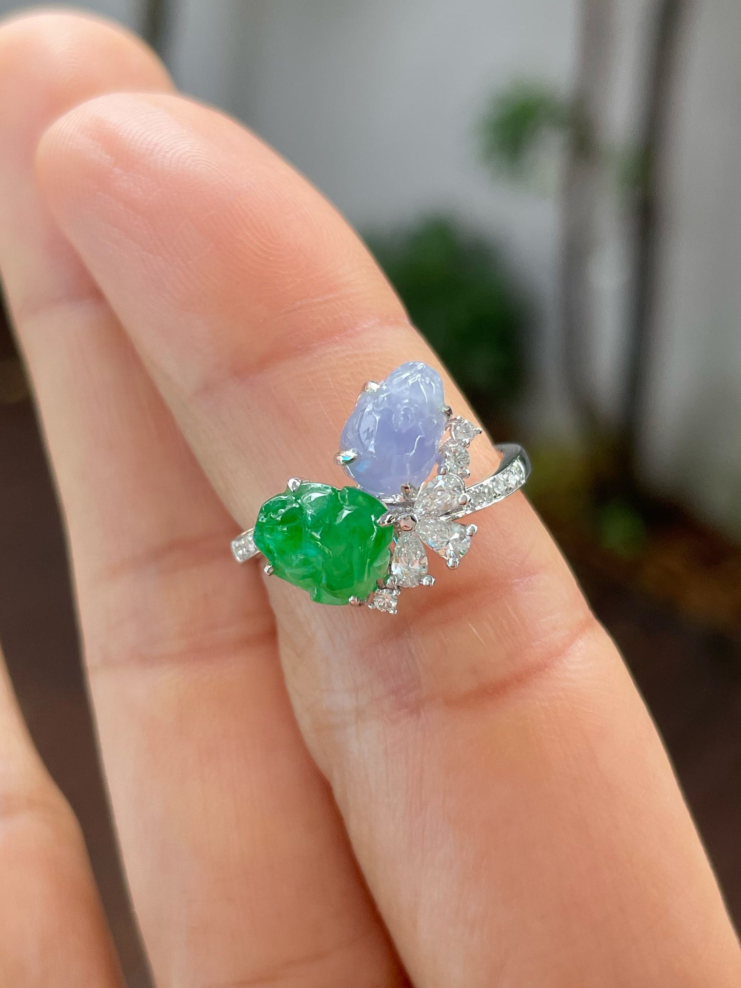 Green & Lavender Jade Ring - Pixiu & Golden Toad (NJR219)