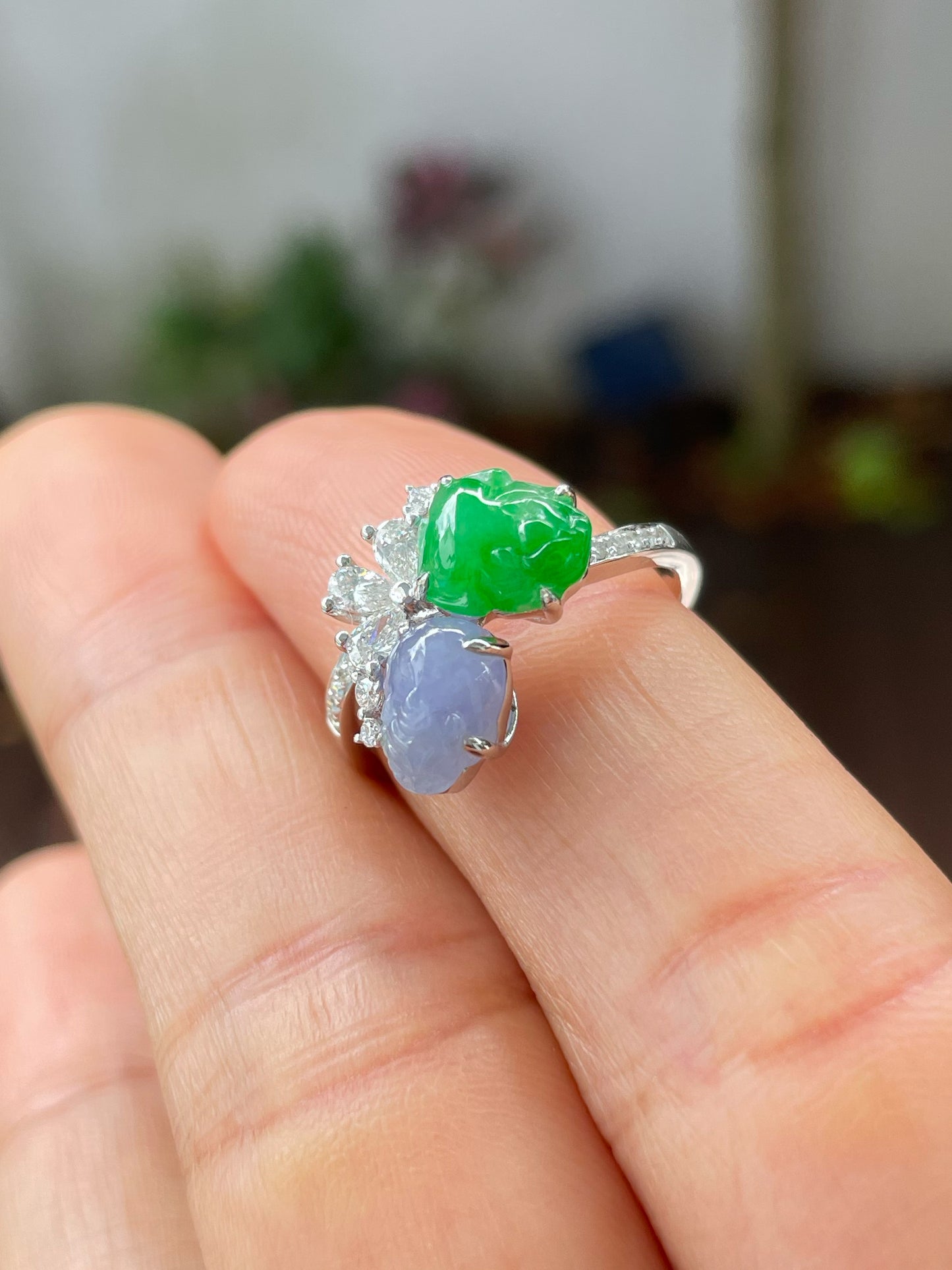 Green & Lavender Jade Ring - Pixiu & Golden Toad (NJR219)