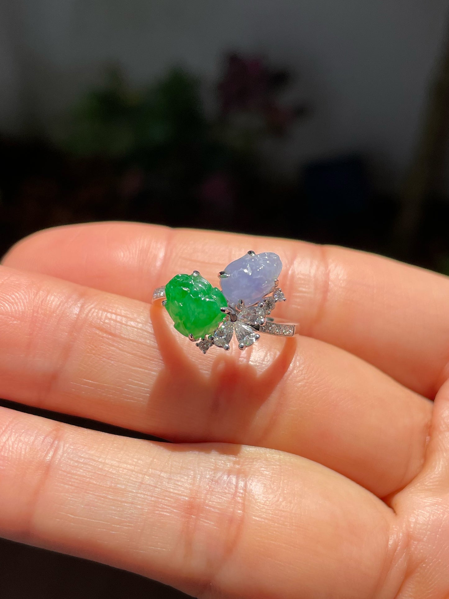 Green & Lavender Jade Ring - Pixiu & Golden Toad (NJR219)
