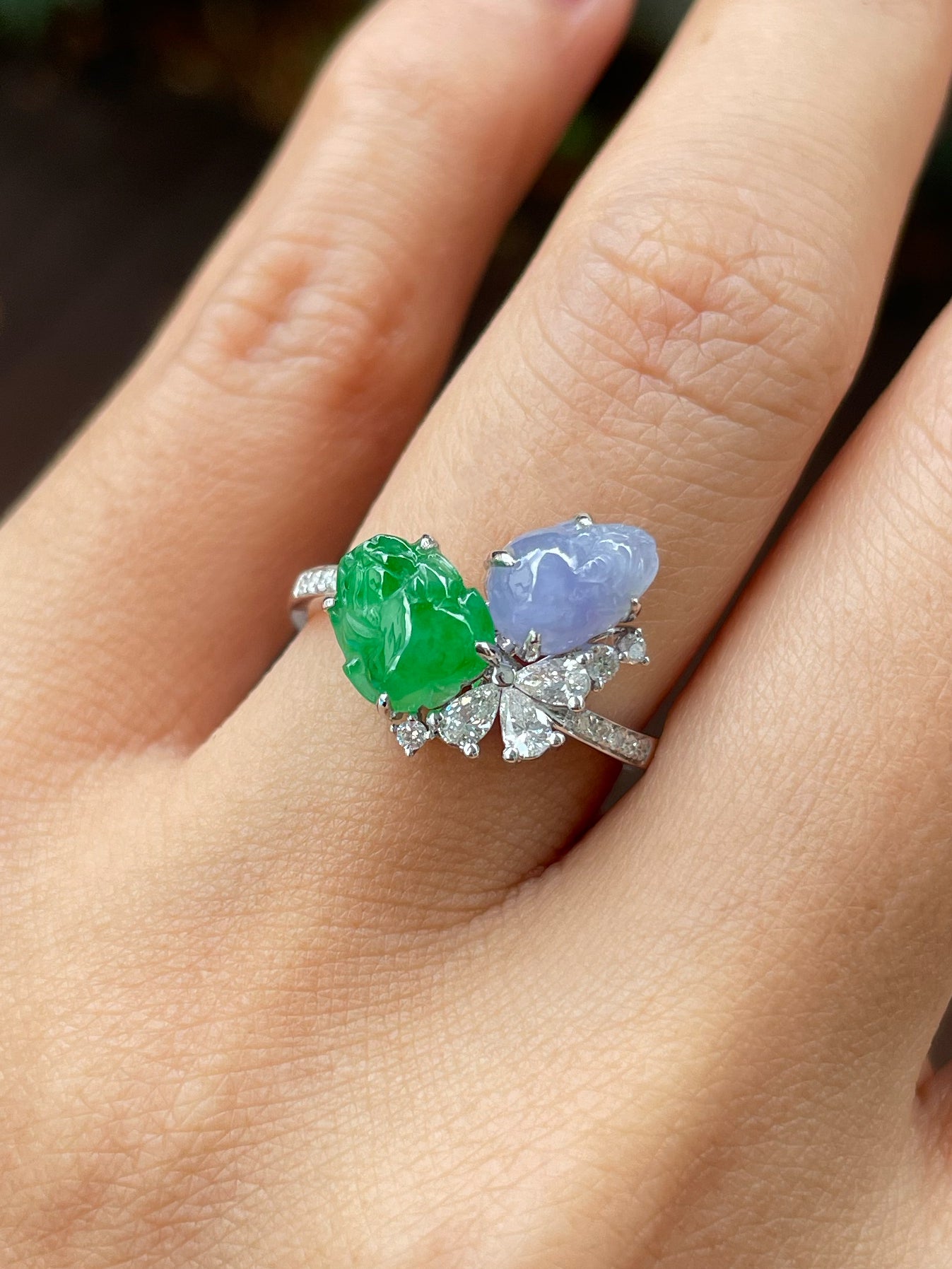 Green & Lavender Jade Ring - Pixiu & Golden Toad (NJR219)