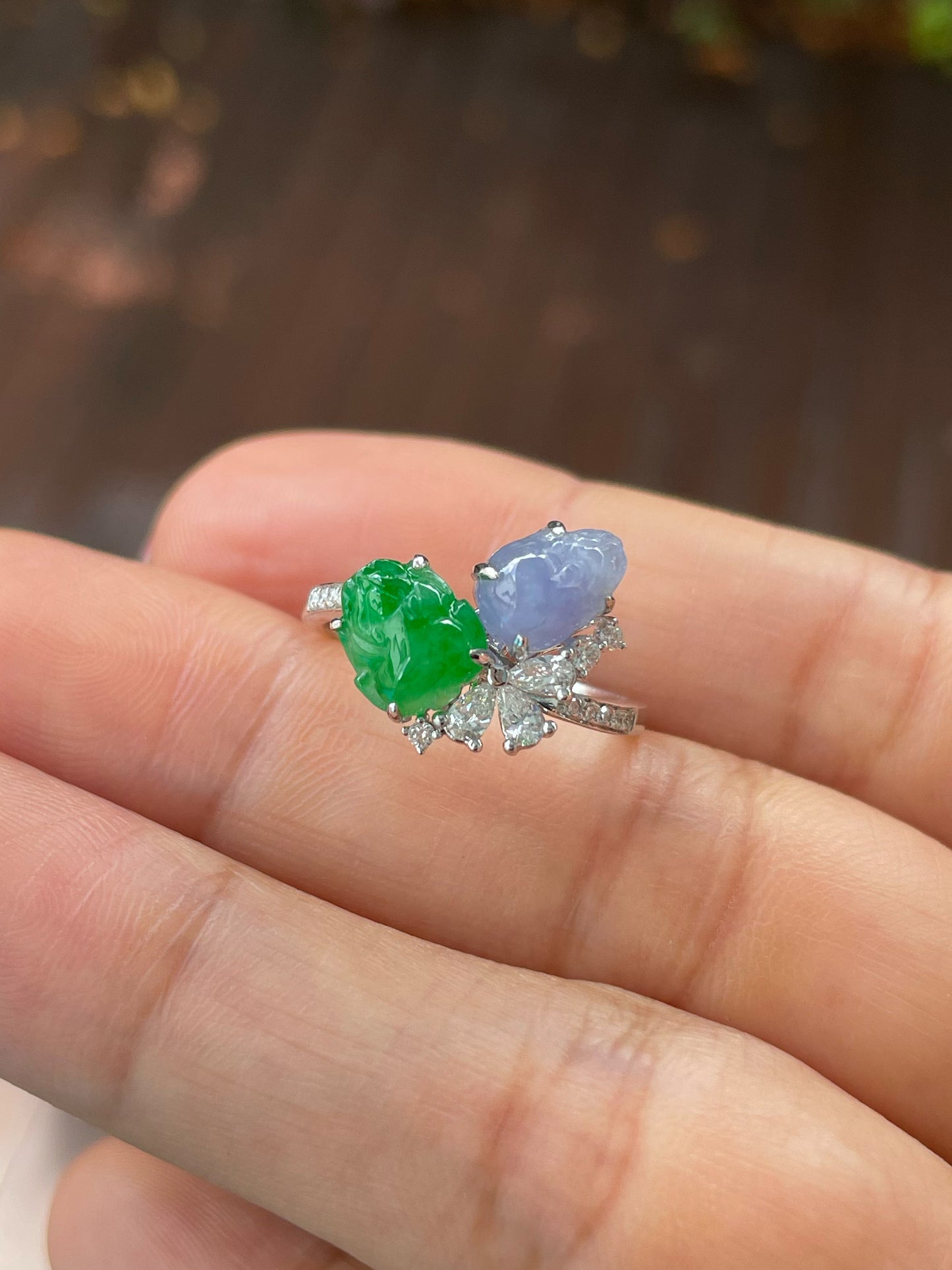 Green & Lavender Jade Ring - Pixiu & Golden Toad (NJR219)