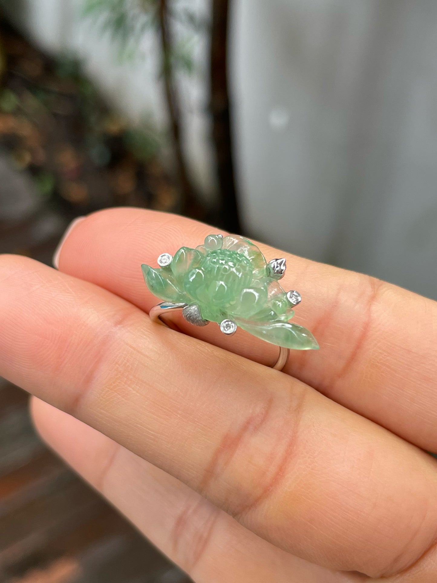 Icy Green Jade Ring - Lotus Flower (NJR229)