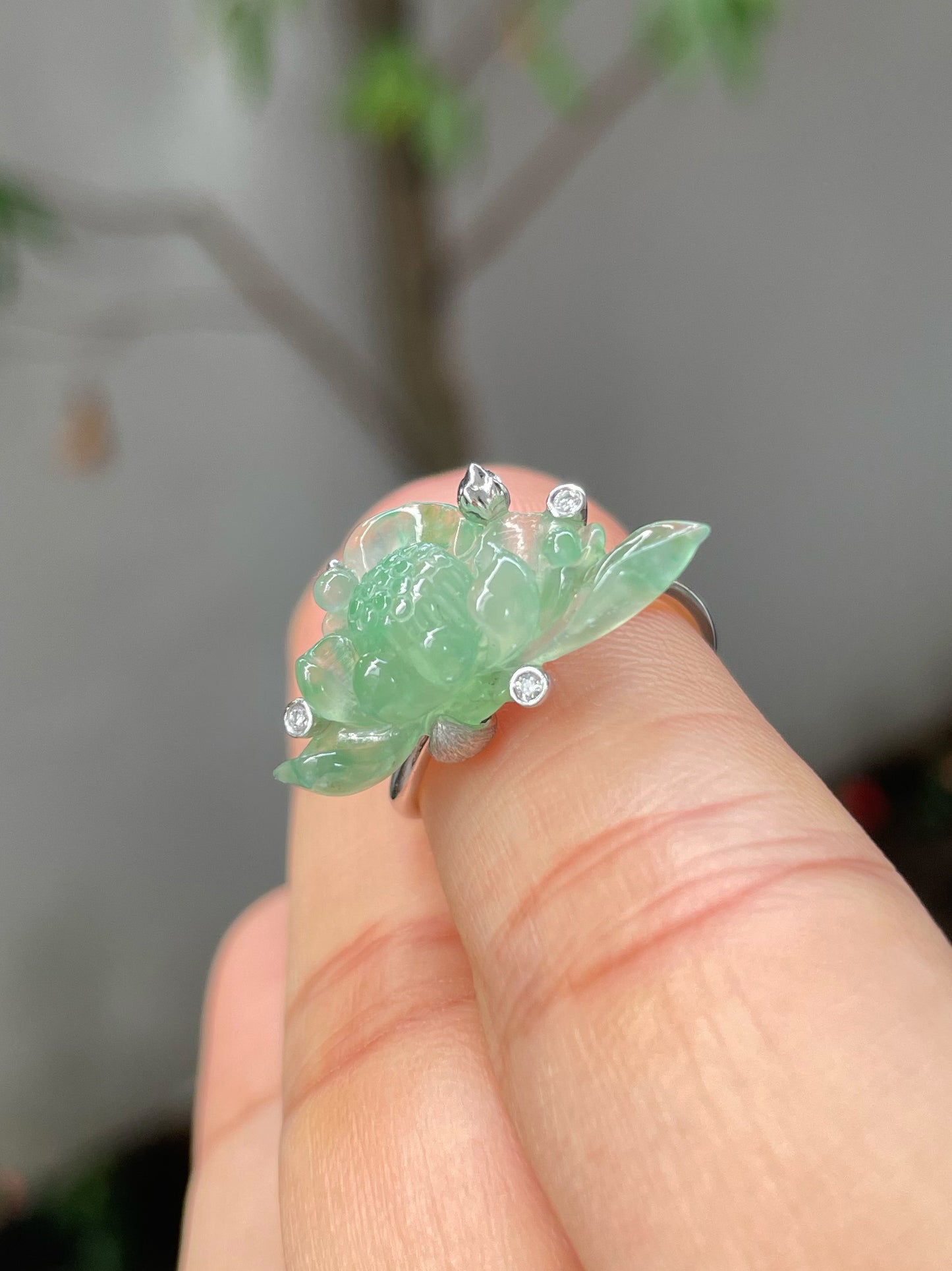 Icy Green Jade Ring - Lotus Flower (NJR229)