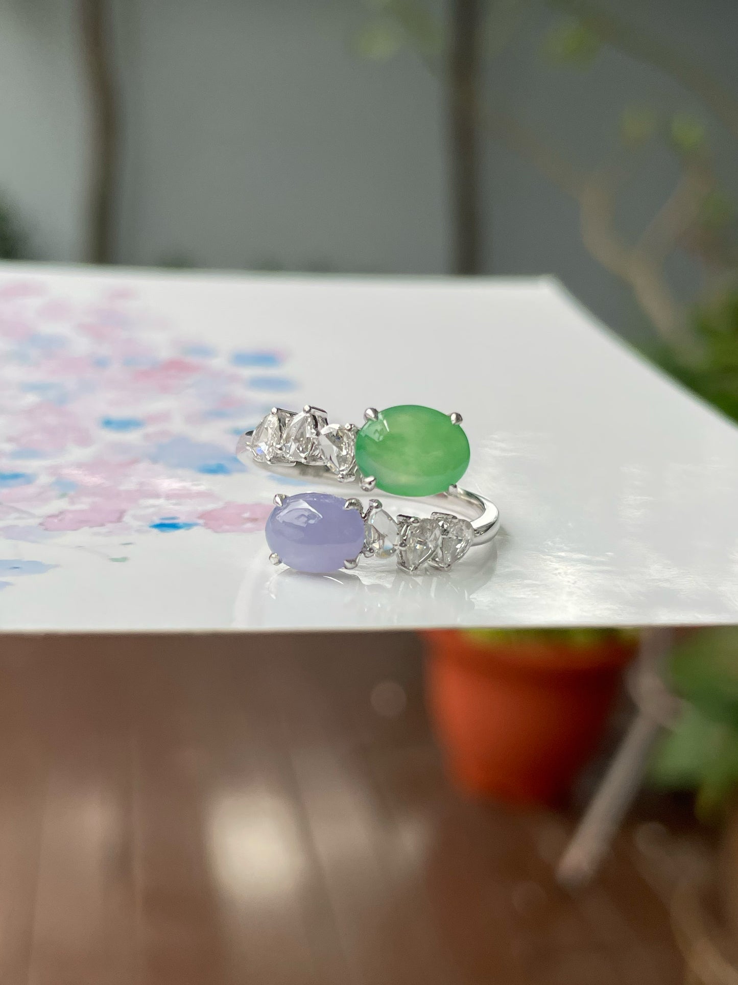 Green & Lavender Jade Ring - Cabochons (NJR288)