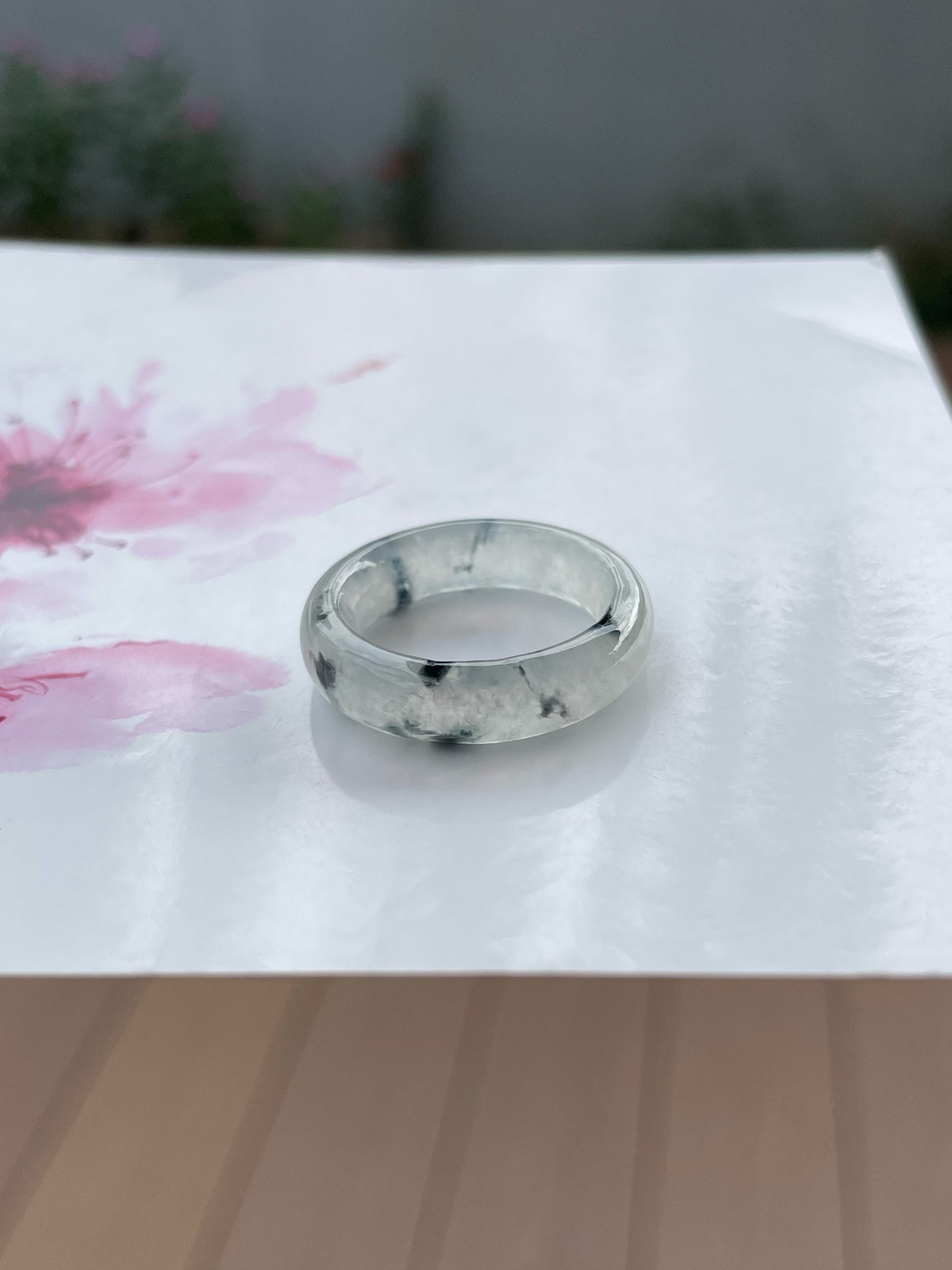 Icy White With Black Jadeite Abacus Ring | HK 14 (NJR360)