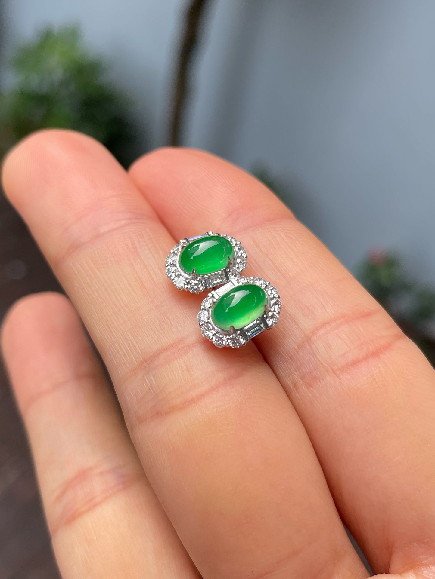 Icy Green Jadeite Cabochon Ring + Earrings (NJS003)