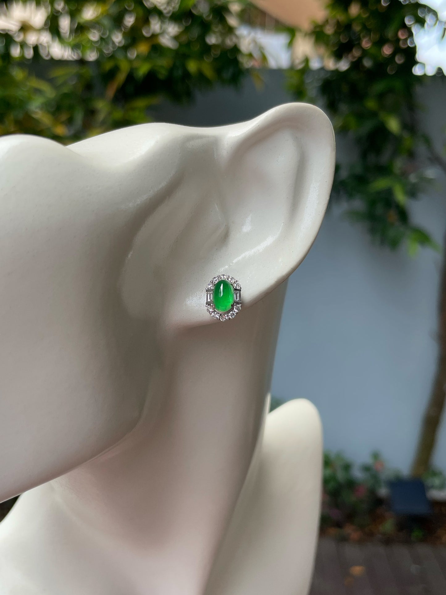 Icy Green Jadeite Cabochon Ring + Earrings (NJS003)