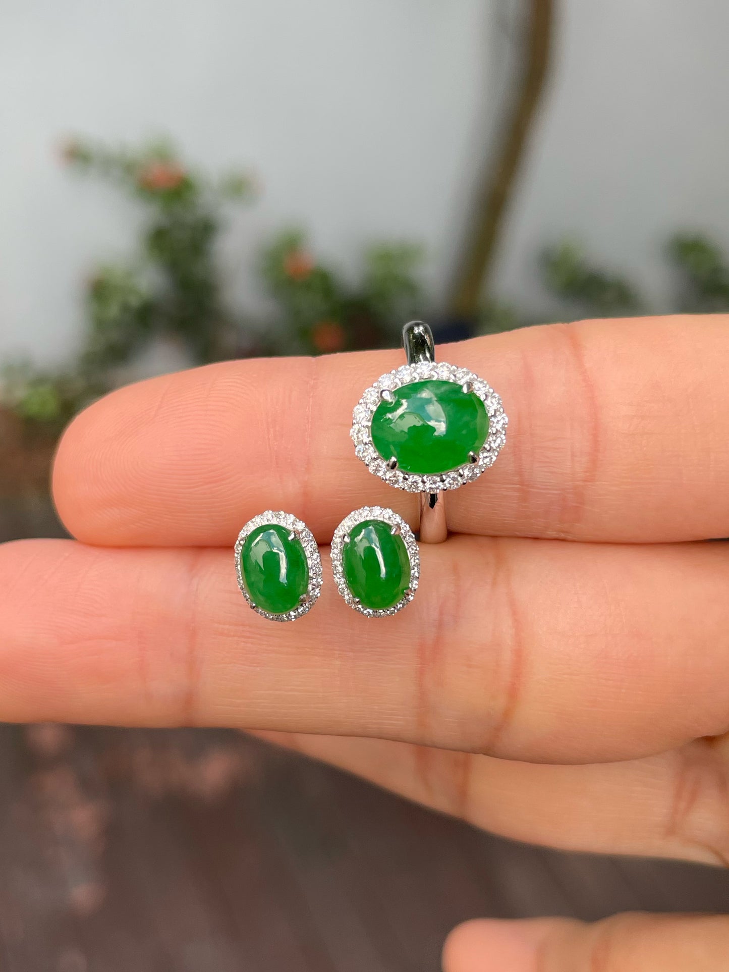 Green Jadeite Cabochons Set - Ring & Earrings (NJS013)