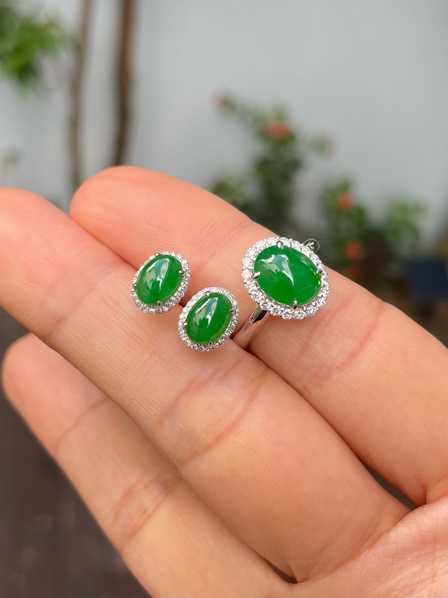 Green Jadeite Cabochons Set - Ring & Earrings (NJS013)