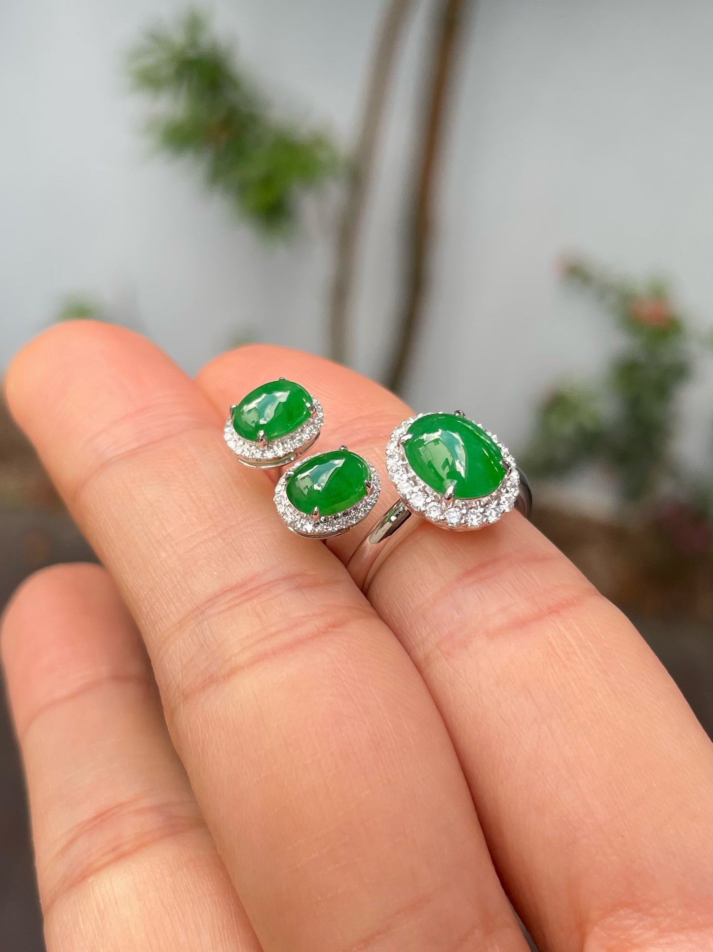 Green Jadeite Cabochons Set - Ring & Earrings (NJS013)