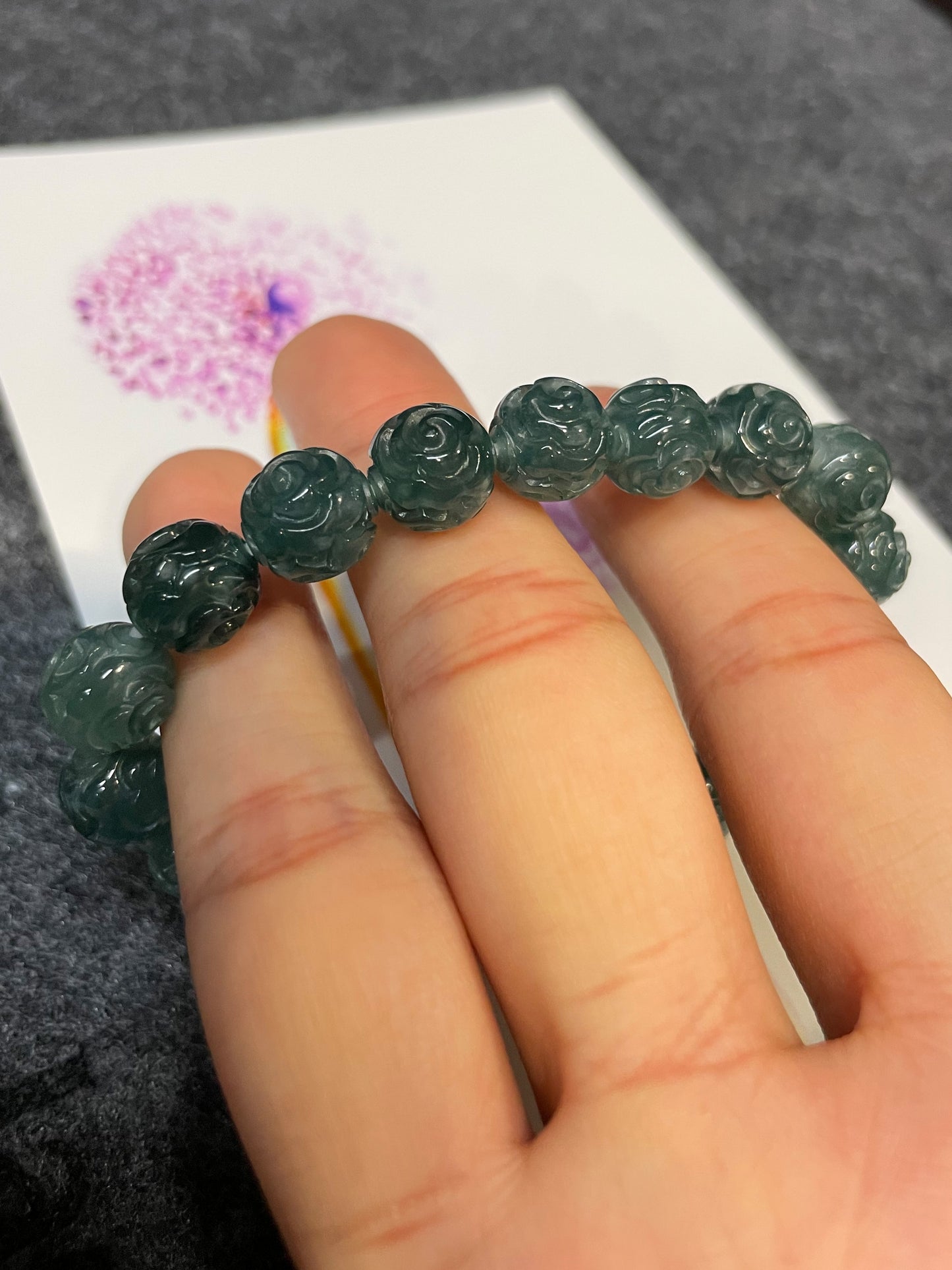 Bluish Green Jade Bracelet - Round Carved Beads (NJBA058)