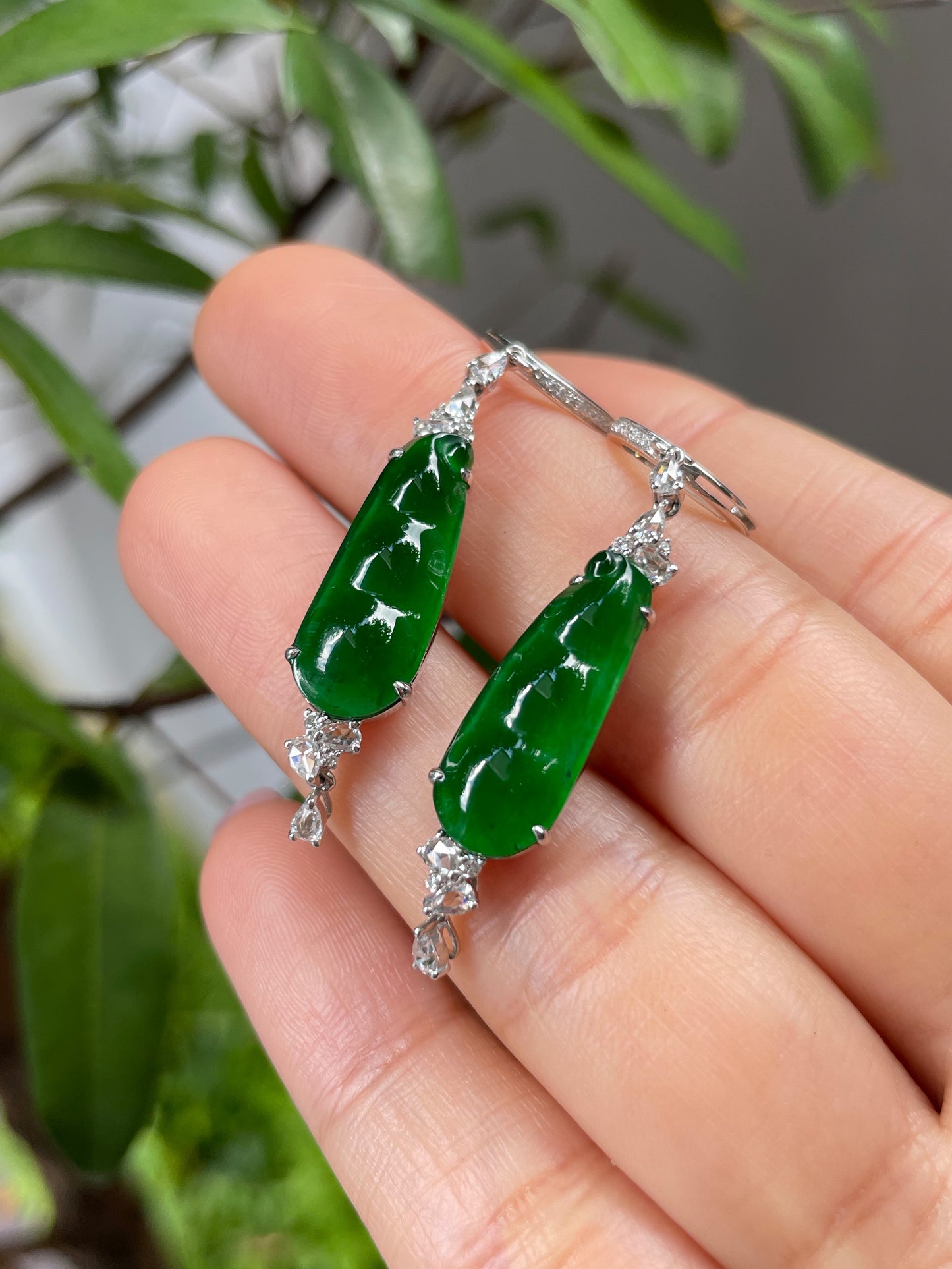 Green Jadeite Dangling Earrings - Pea Pod Carvings (NJE019)
