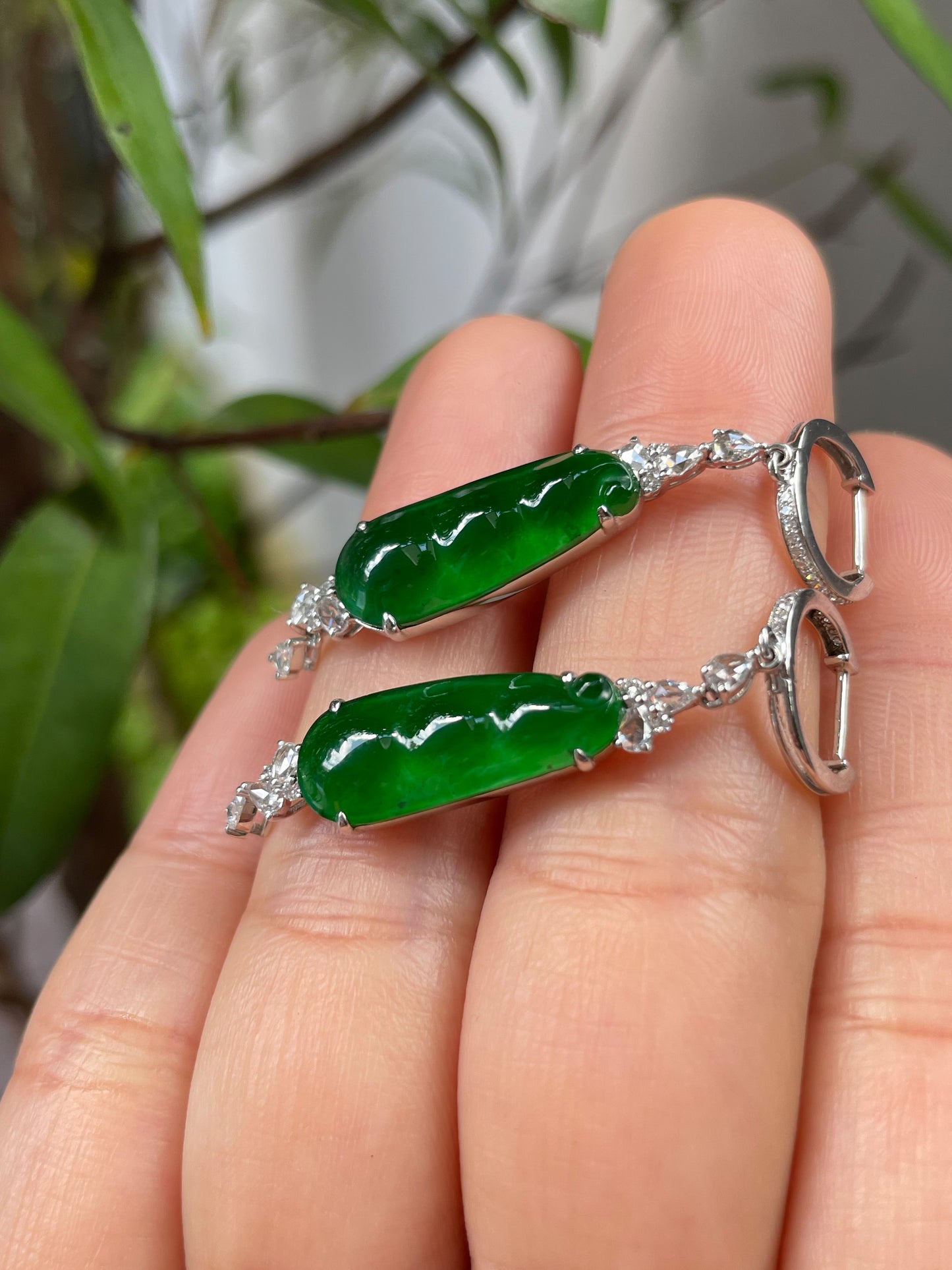 Green Jadeite Dangling Earrings - Pea Pod Carvings (NJE019)