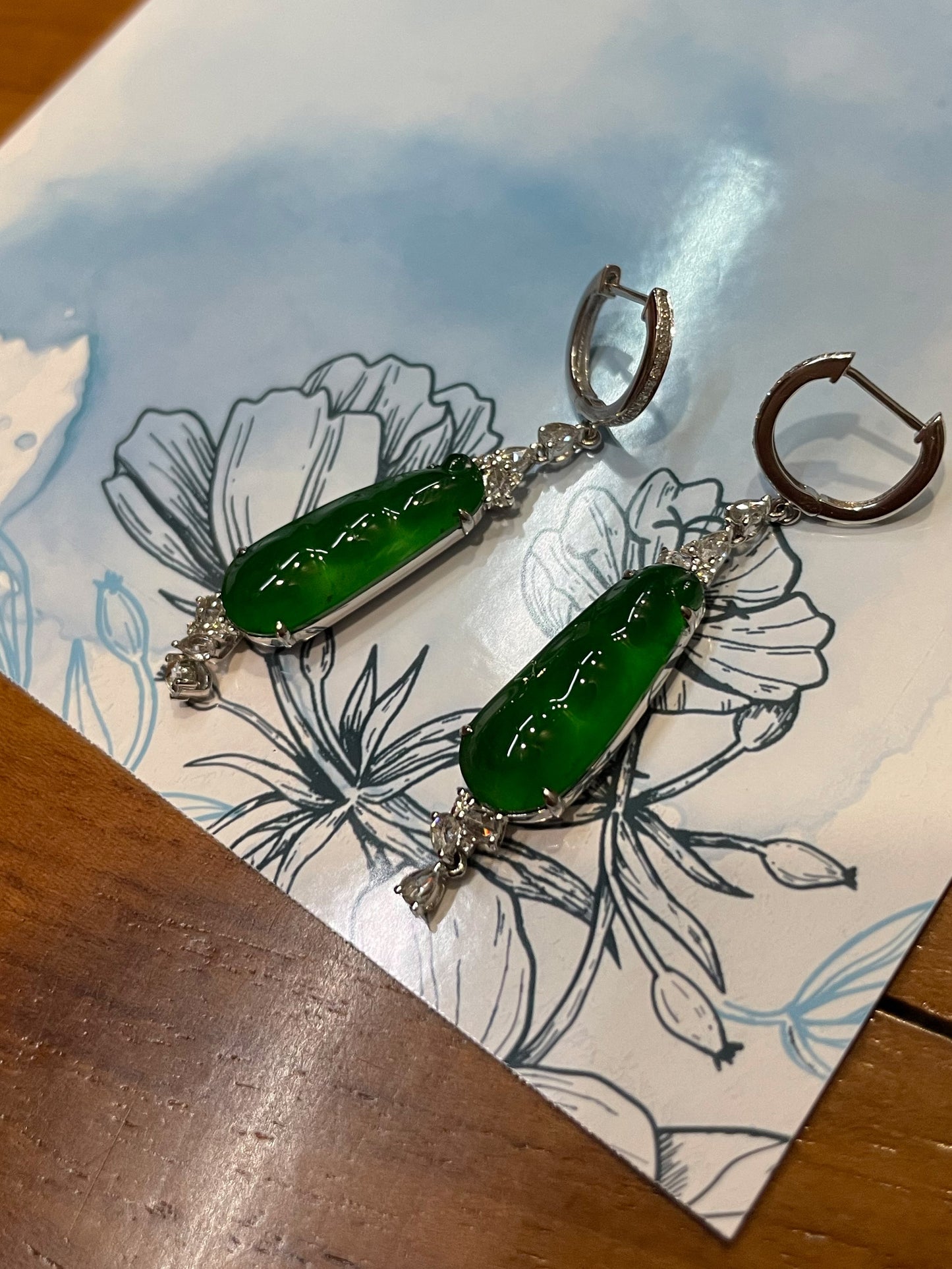 Green Jadeite Dangling Earrings - Pea Pod Carvings (NJE019)