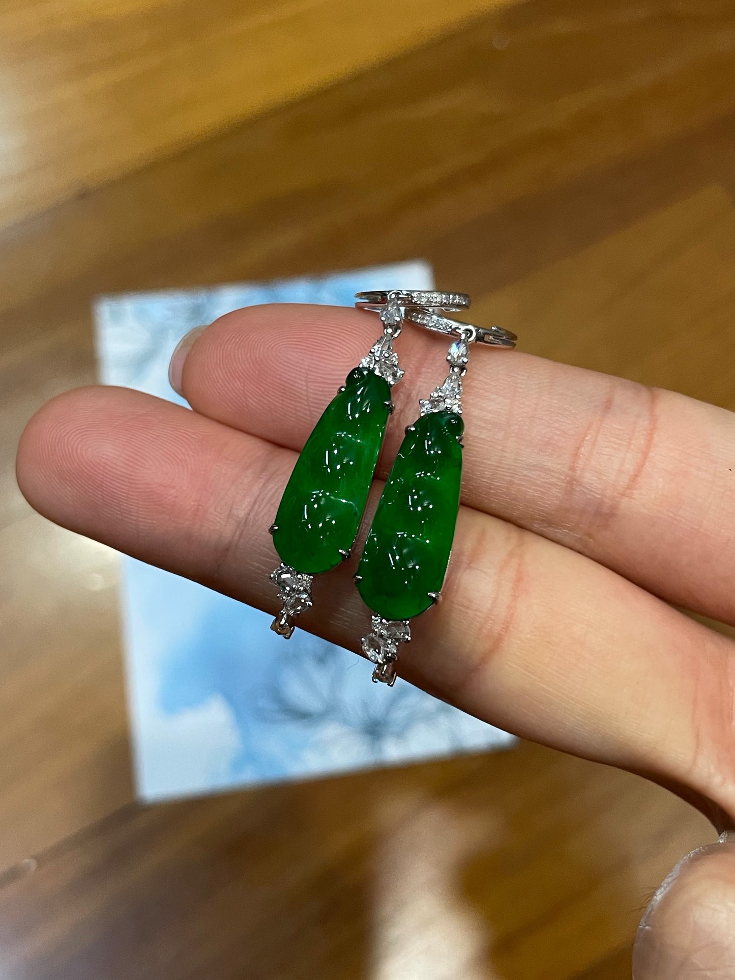 Green Jadeite Dangling Earrings - Pea Pod Carvings (NJE019)