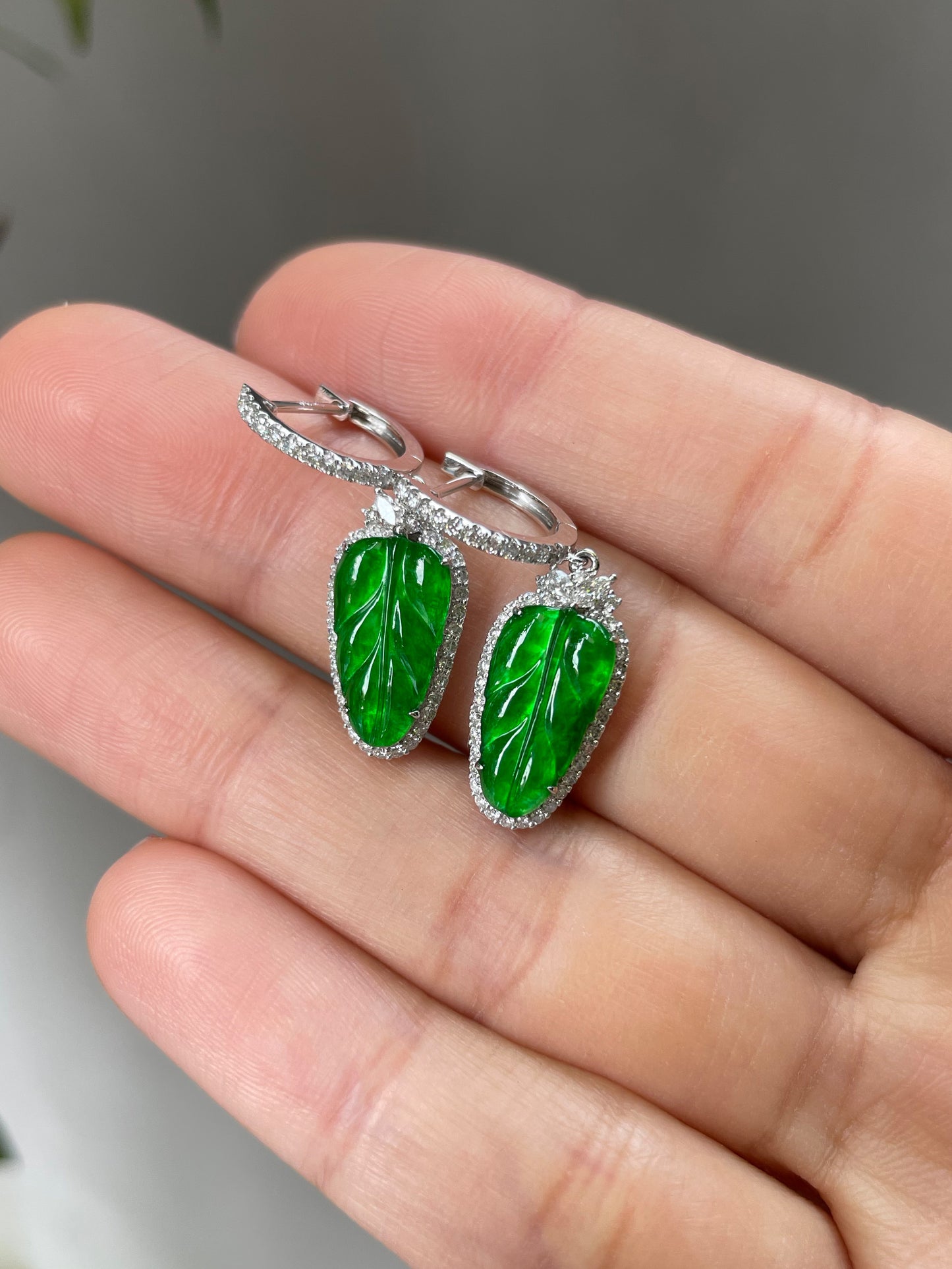 Green Jade Earrings - Leaf Carvings (NJE036)