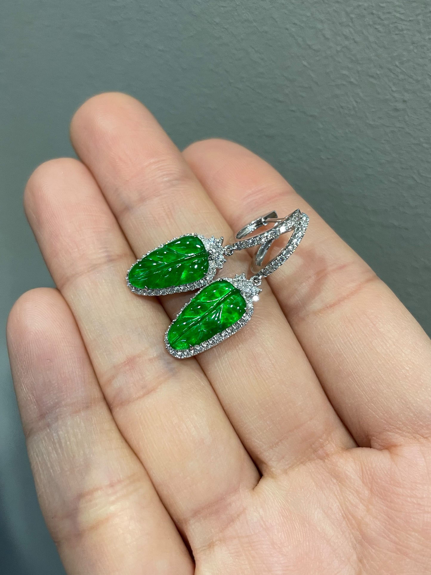 Green Jade Earrings - Leaf Carvings (NJE036)