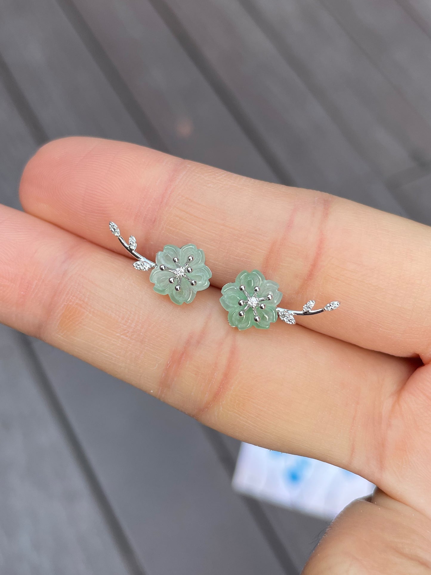 Icy White & Light Green Jade Earrings - Cherry Blossom (NJE037)