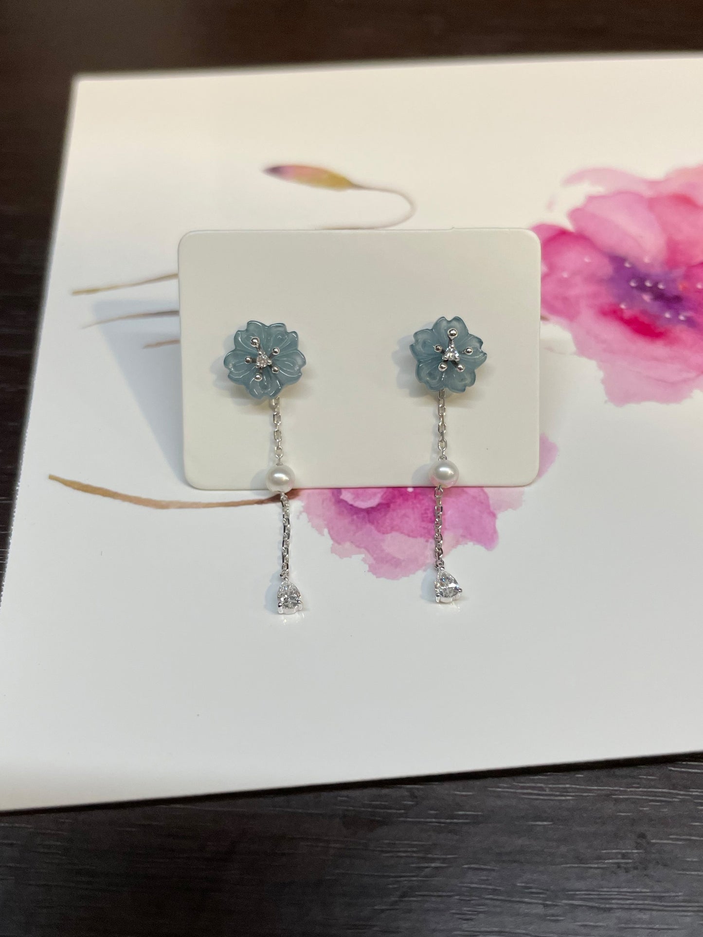 Blue Jade Earrings - Cherry Blossoms (NJE046)
