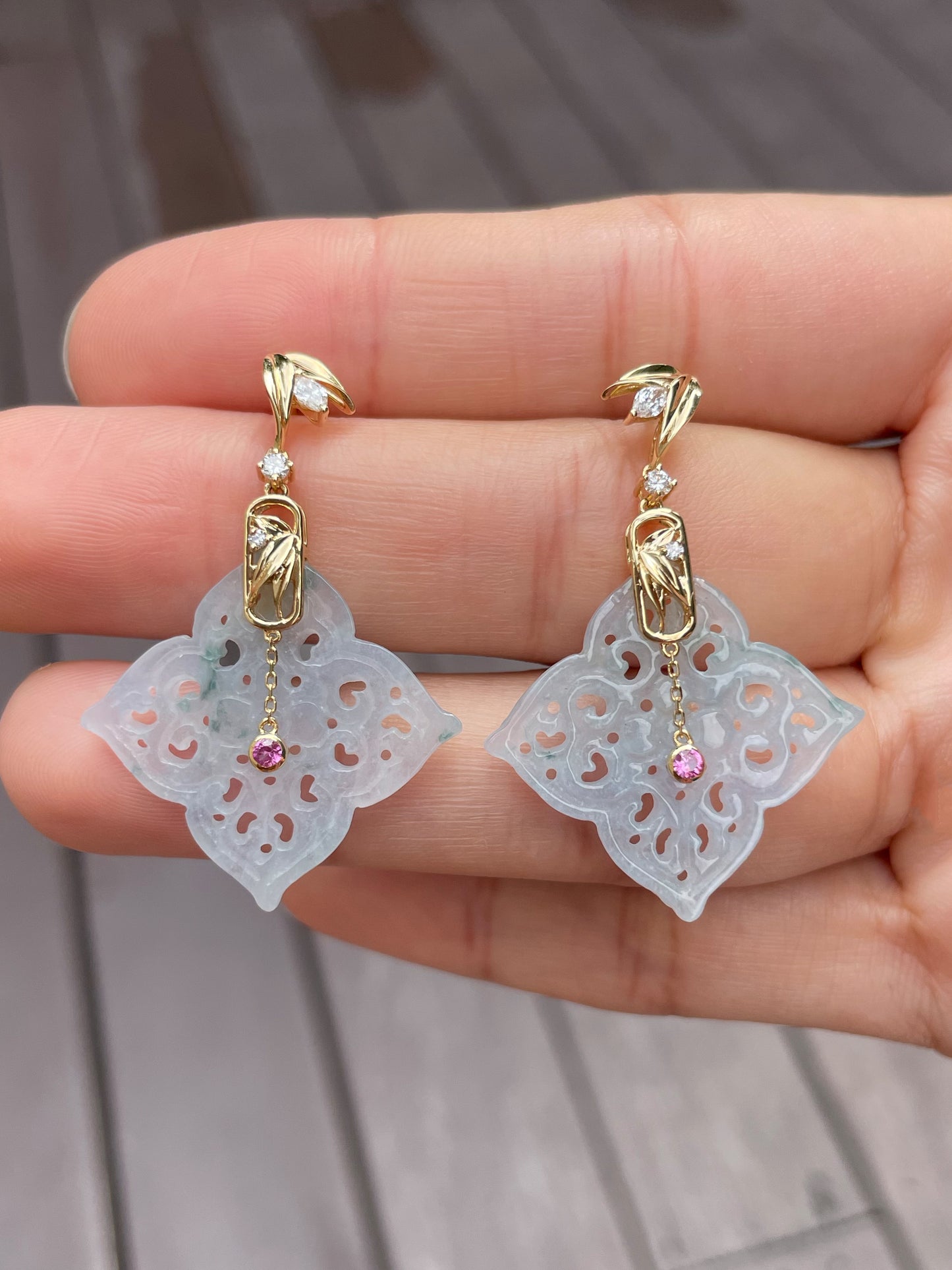 Icy White Carved Jade Earrings (NJE059)