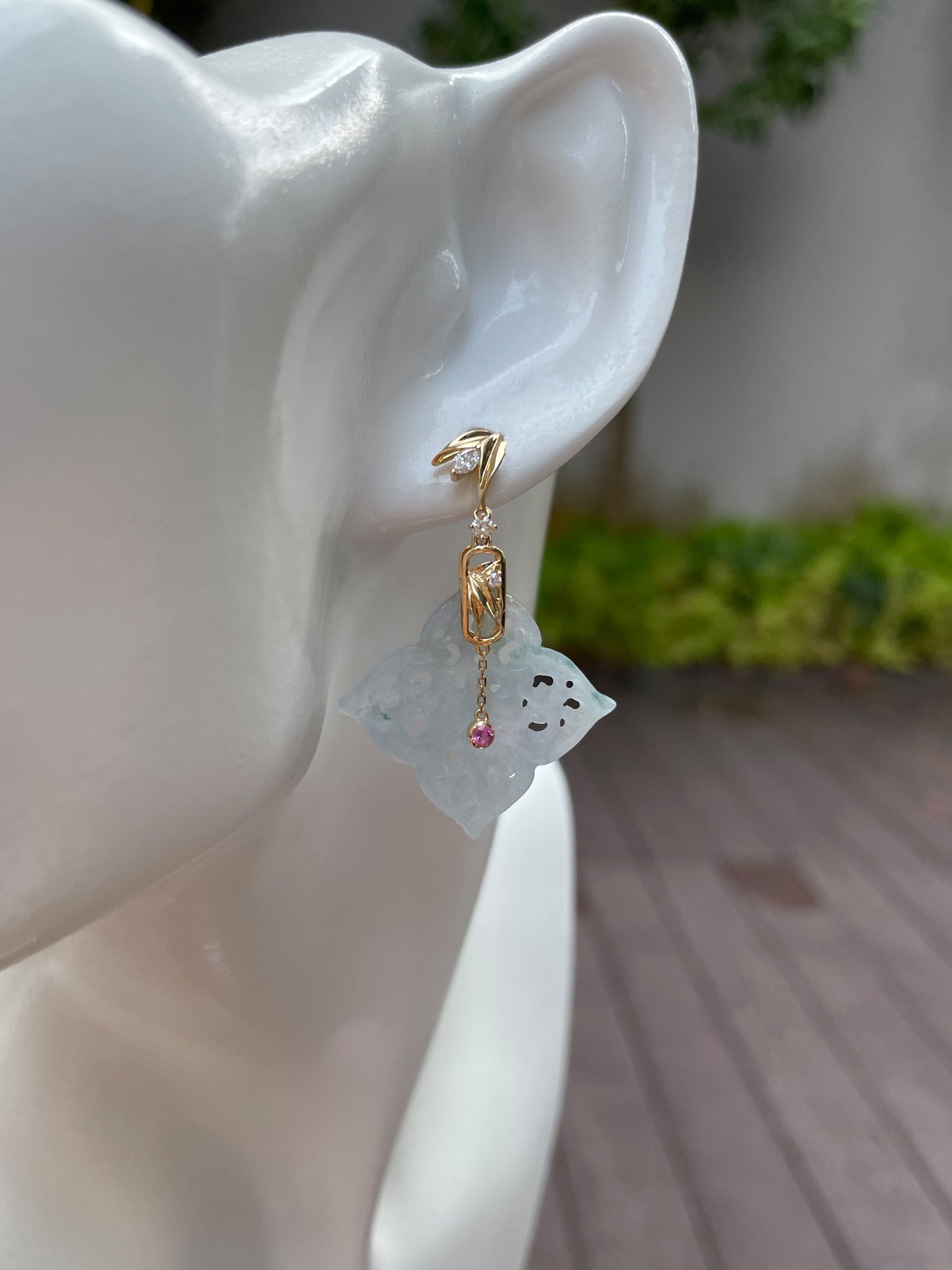 Icy White Carved Jade Earrings (NJE059)