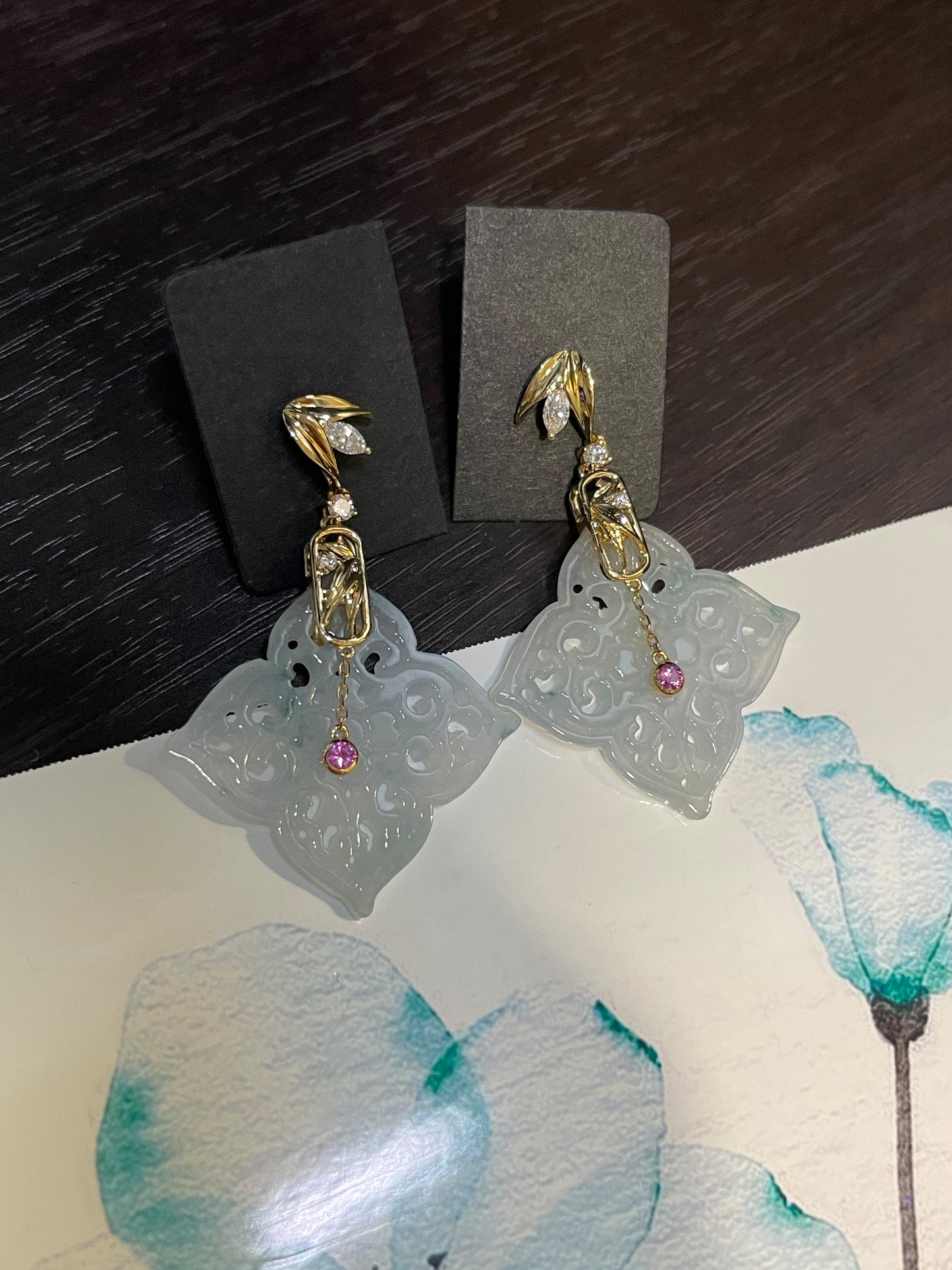 Icy White Carved Jade Earrings (NJE059)