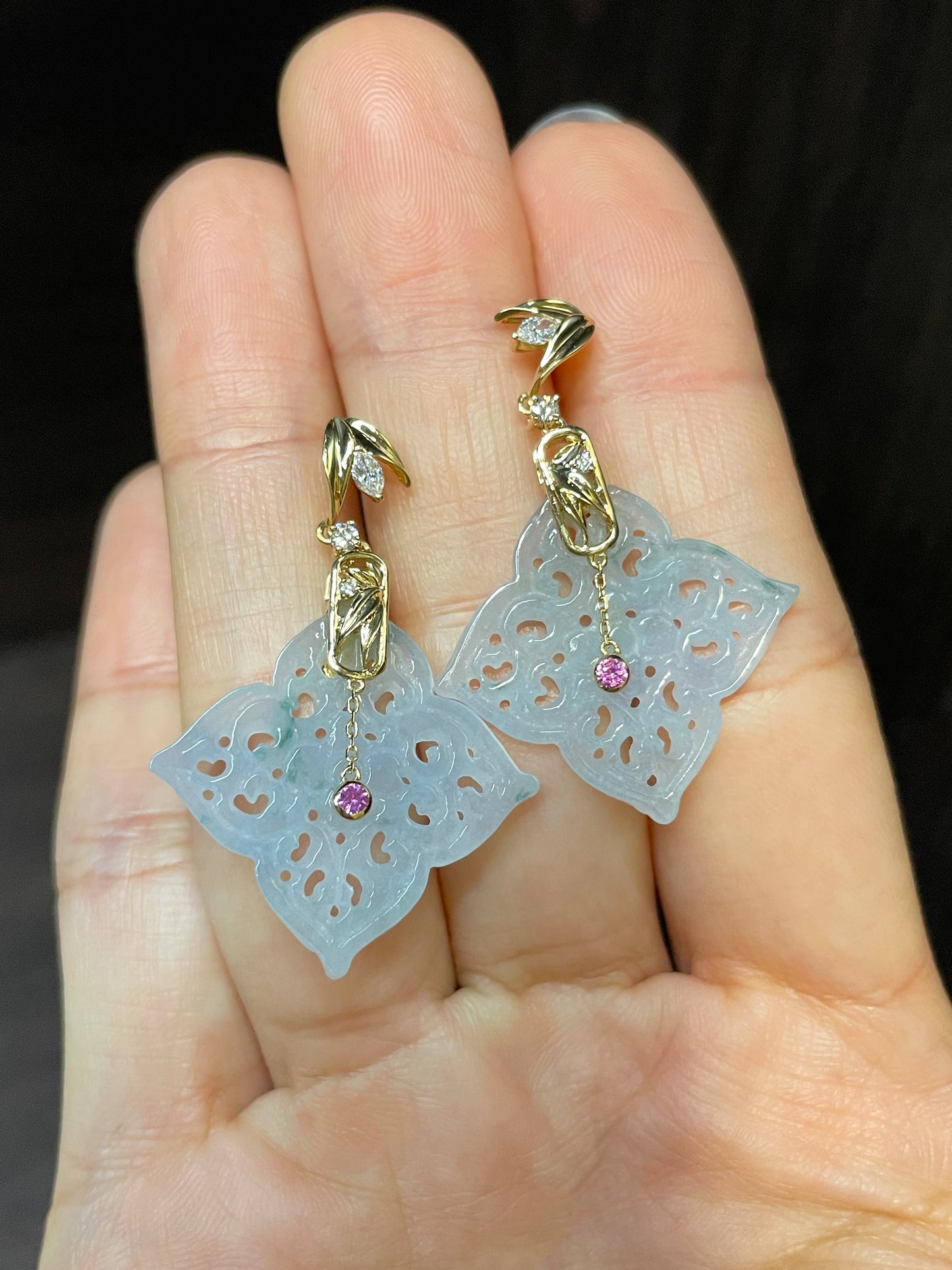Icy White Carved Jade Earrings (NJE059)