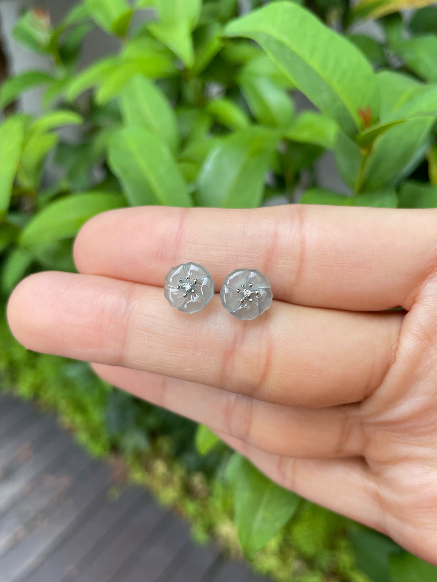 Light Bluish Green Carved Jade Earrings - Plum Blossoms (NJE068)